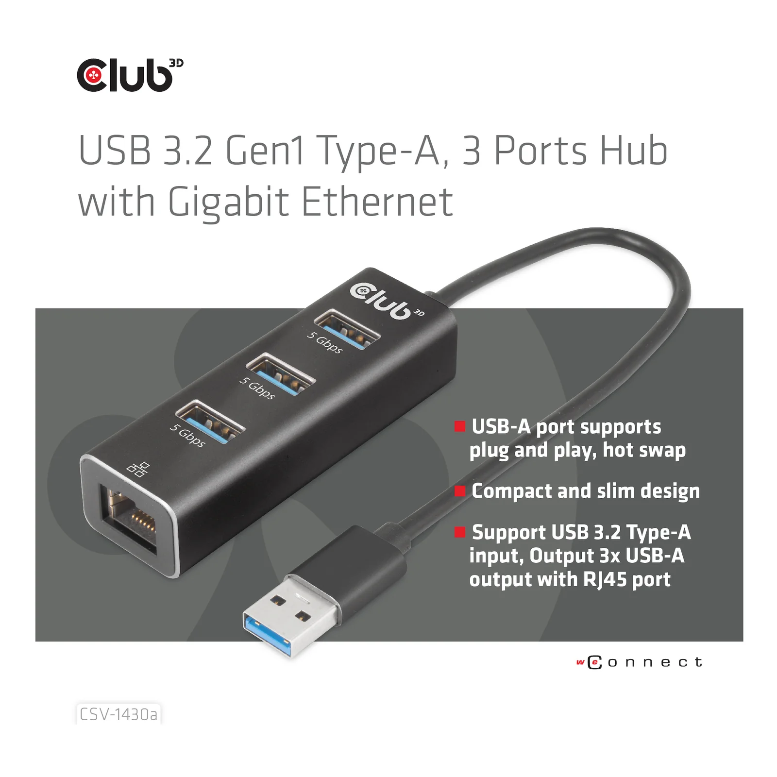 CLUB3D CSV-1430a Avec fil USB 3.2 Gen 1 (3.1 Gen 1) Type-A Noir