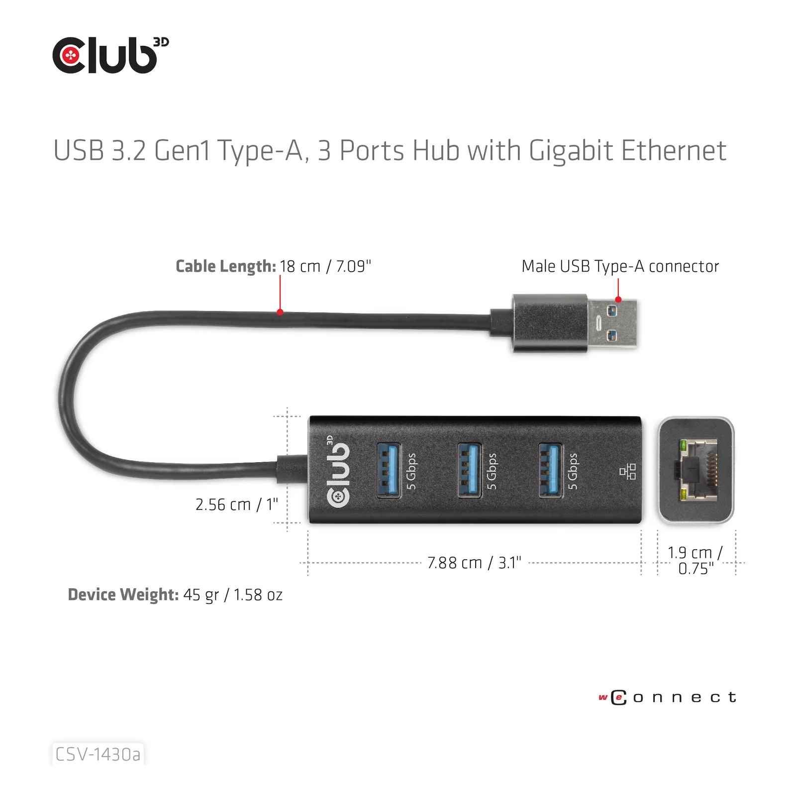 CLUB3D CSV-1430a Avec fil USB 3.2 Gen 1 (3.1 Gen 1) Type-A Noir