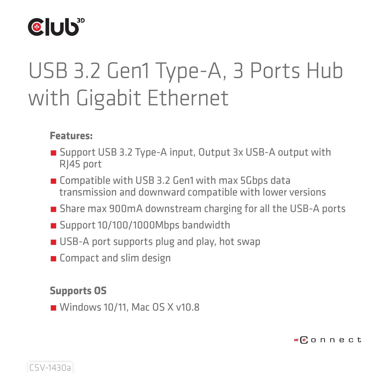 CLUB3D CSV-1430a Avec fil USB 3.2 Gen 1 (3.1 Gen 1) Type-A Noir