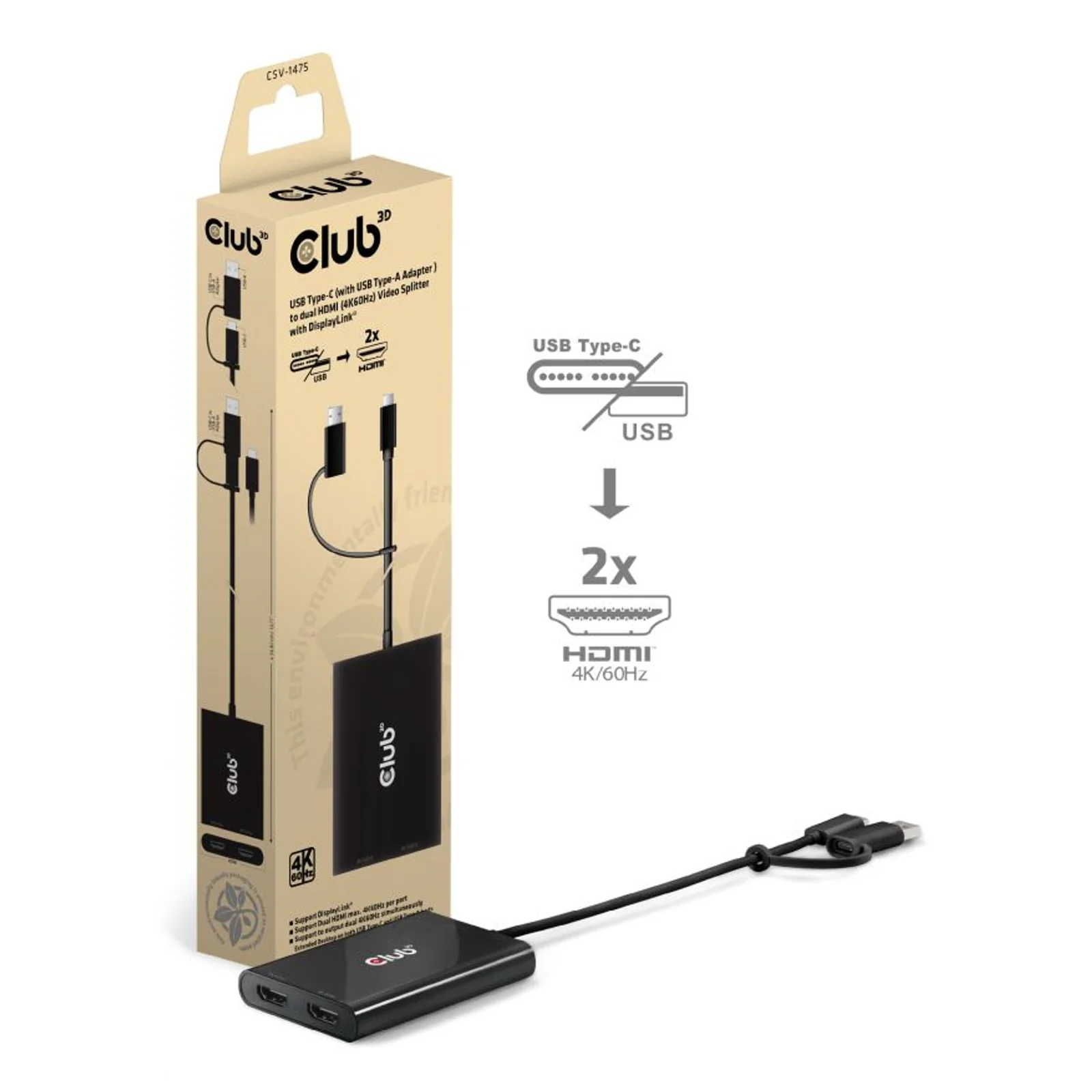 CLUB3D CSV-1475 répartiteur vidéo USB Type-C 2x HDMI
