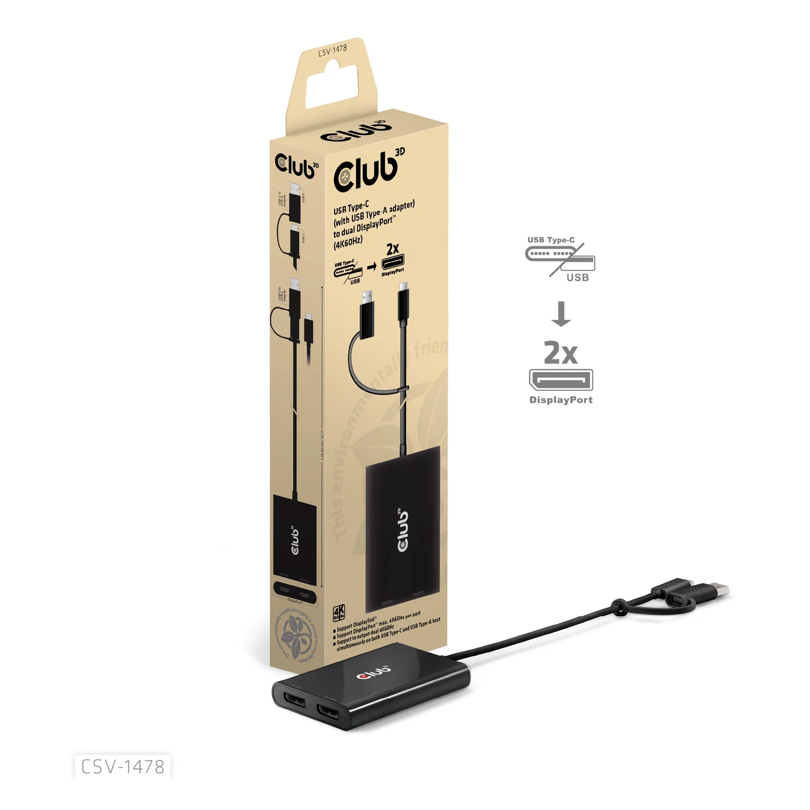 CLUB3D CSV-1478 répartiteur vidéo USB Type-C 2x DisplayPort