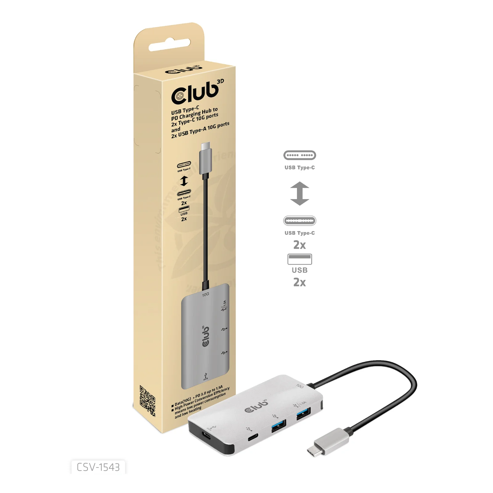 CLUB3D CSV-1543 hub & concentrateur USB 3.2 Gen 2 (3.1 Gen 2) Type-C 10000 Mbit/s Noir, Argent