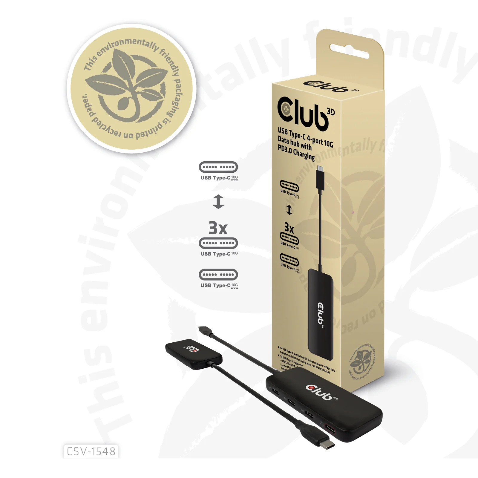 CLUB3D CSV-1548 hub & concentrateur USB 3.2 Gen 1 (3.1 Gen 1) Type-C Noir