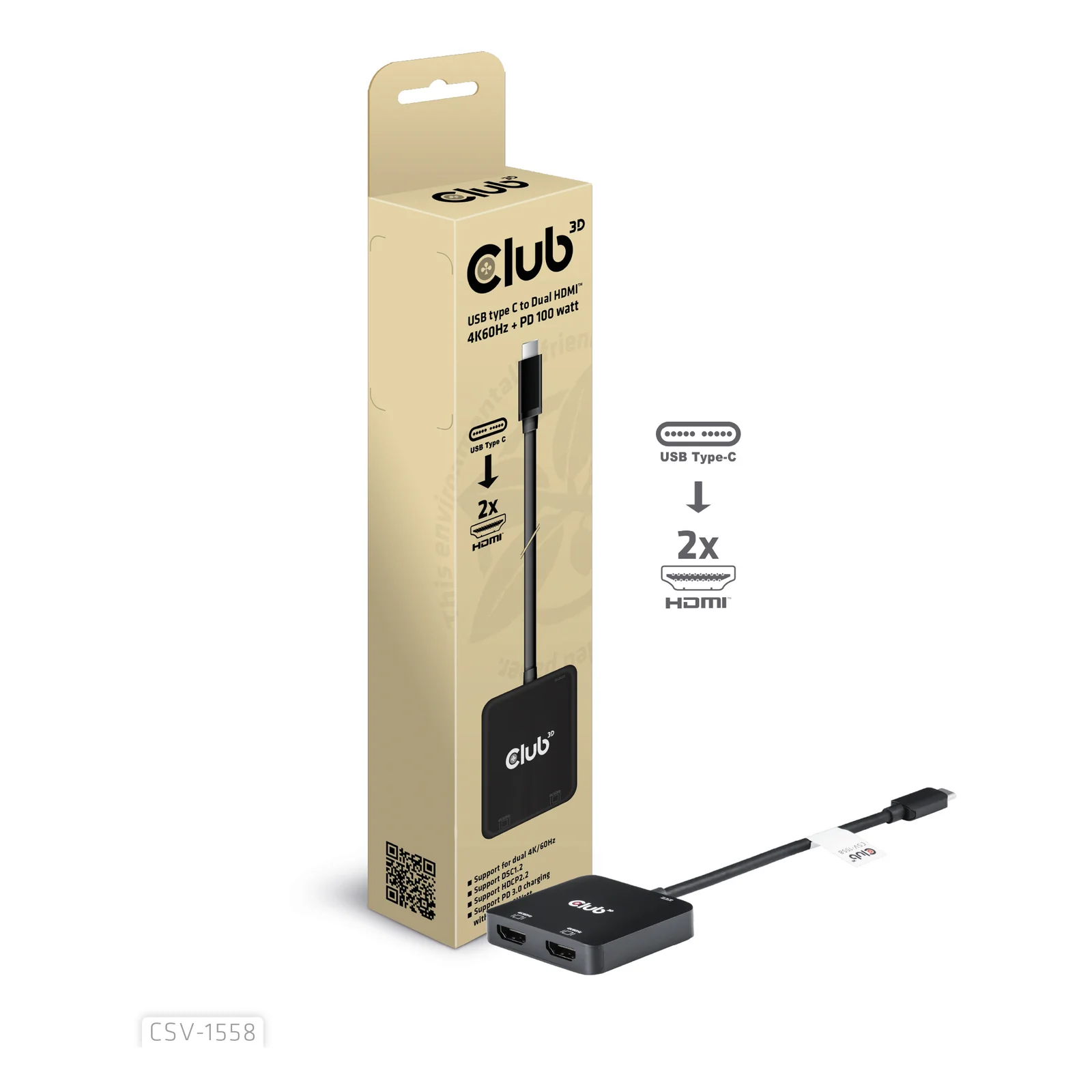CLUB3D CSV-1558 répartiteur vidéo USB Type-C 2x HDMI