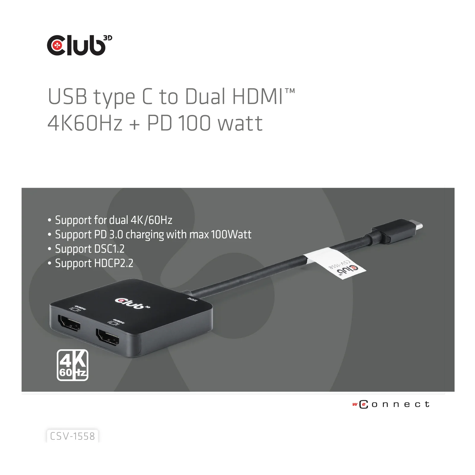 CLUB3D CSV-1558 répartiteur vidéo USB Type-C 2x HDMI