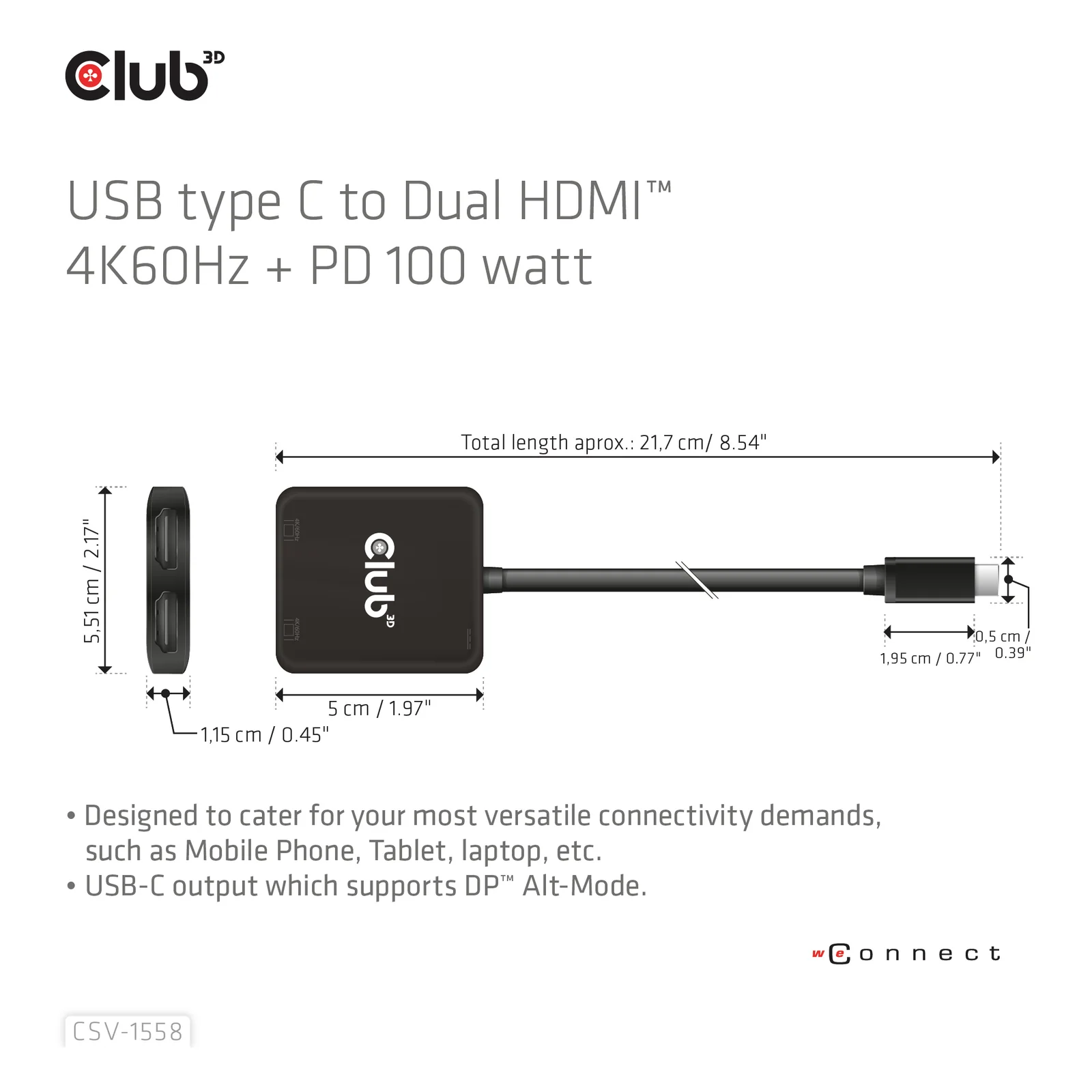 CLUB3D CSV-1558 répartiteur vidéo USB Type-C 2x HDMI