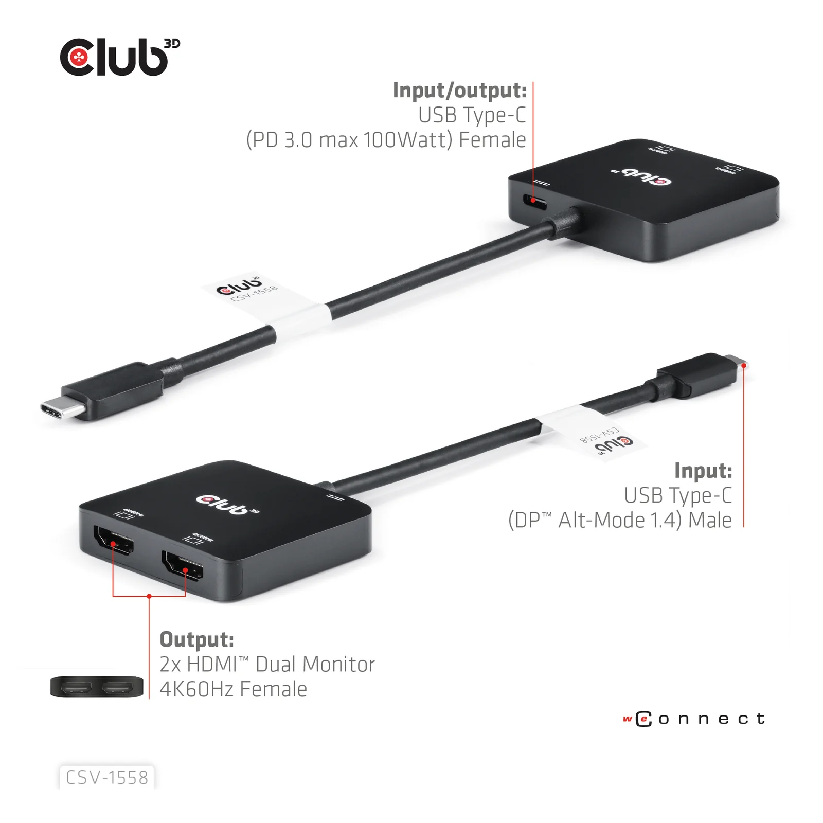 CLUB3D CSV-1558 répartiteur vidéo USB Type-C 2x HDMI