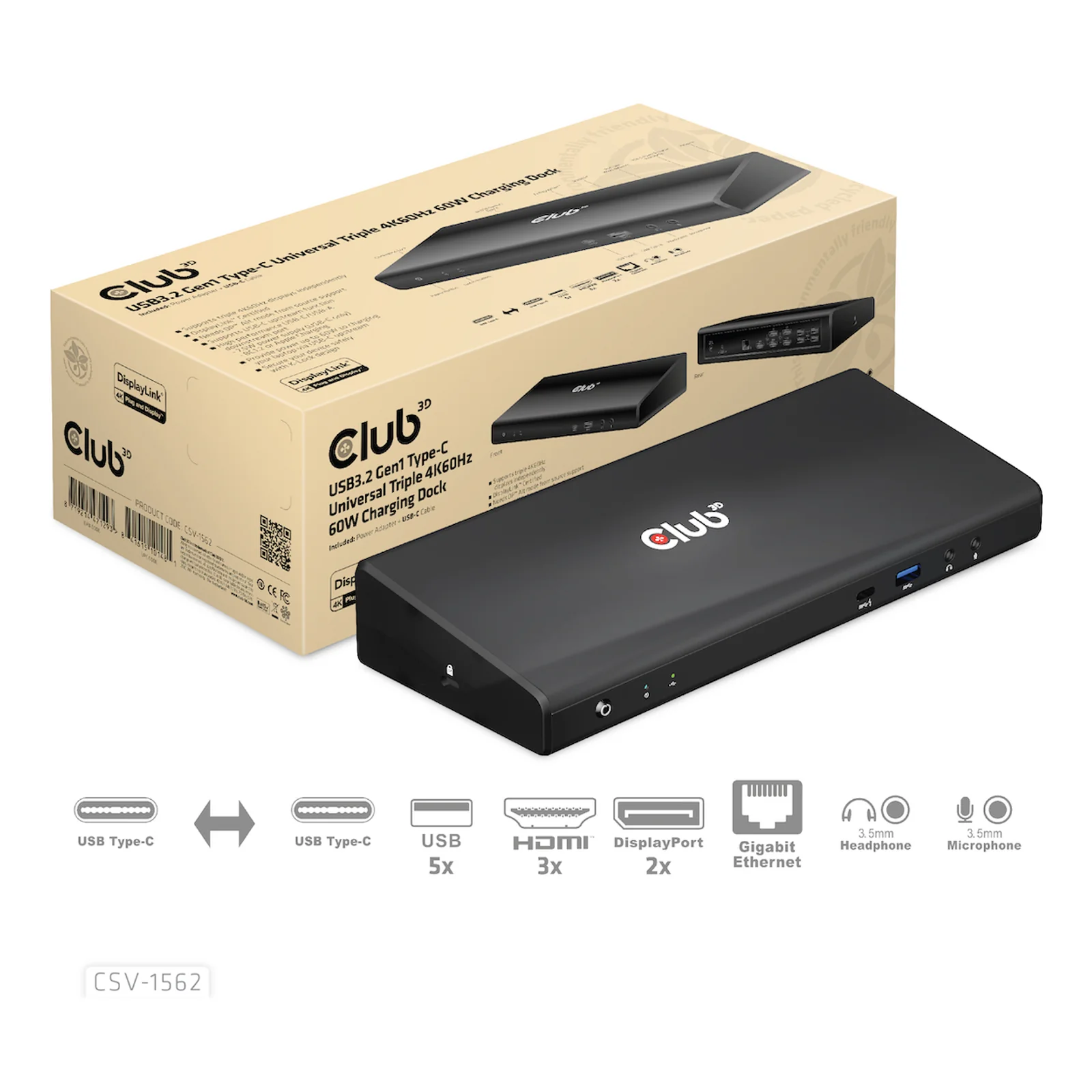 CLUB3D CSV-1562 station d'accueil USB 3.2 Gen 1 (3.1 Gen 1) Type-C Noir