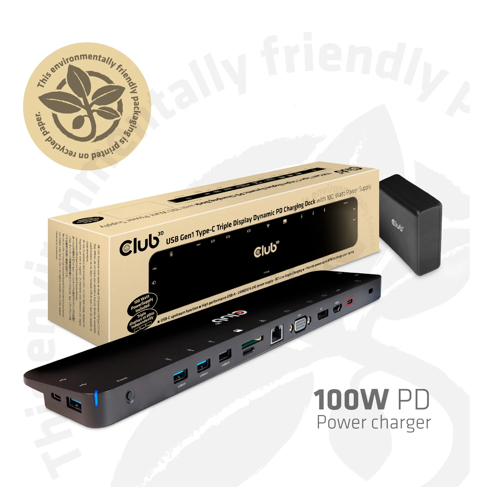 CLUB3D CSV-1564W100 station d'accueil USB 3.2 Gen 1 (3.1 Gen 1) Type-C Noir