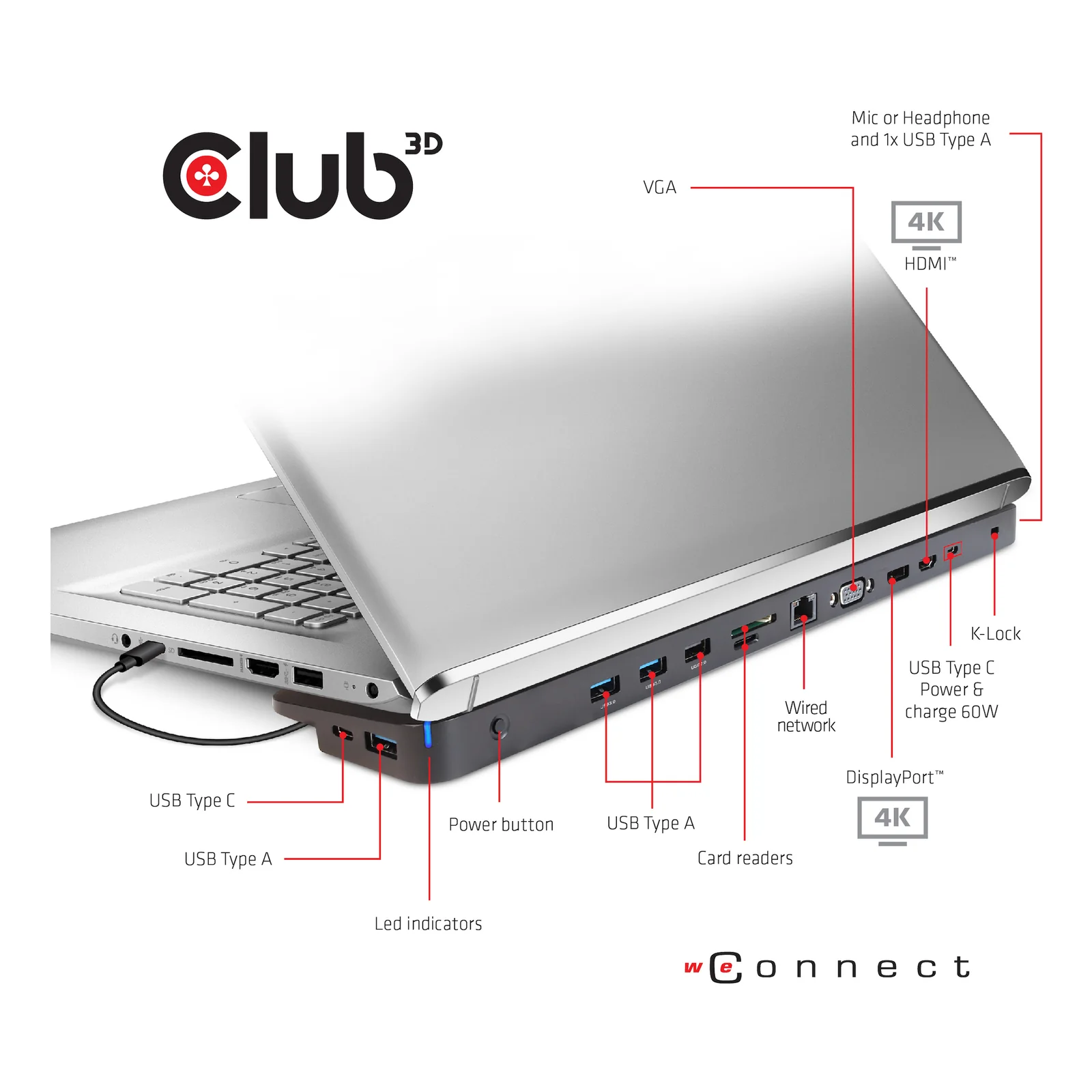 CLUB3D CSV-1564W100 station d'accueil USB 3.2 Gen 1 (3.1 Gen 1) Type-C Noir
