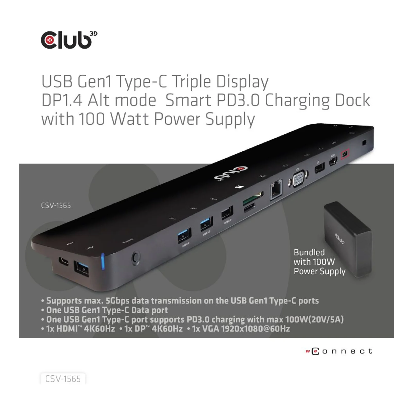 CLUB3D CSV-1565 station d'accueil USB 3.2 Gen 1 (3.1 Gen 1) Type-C Noir