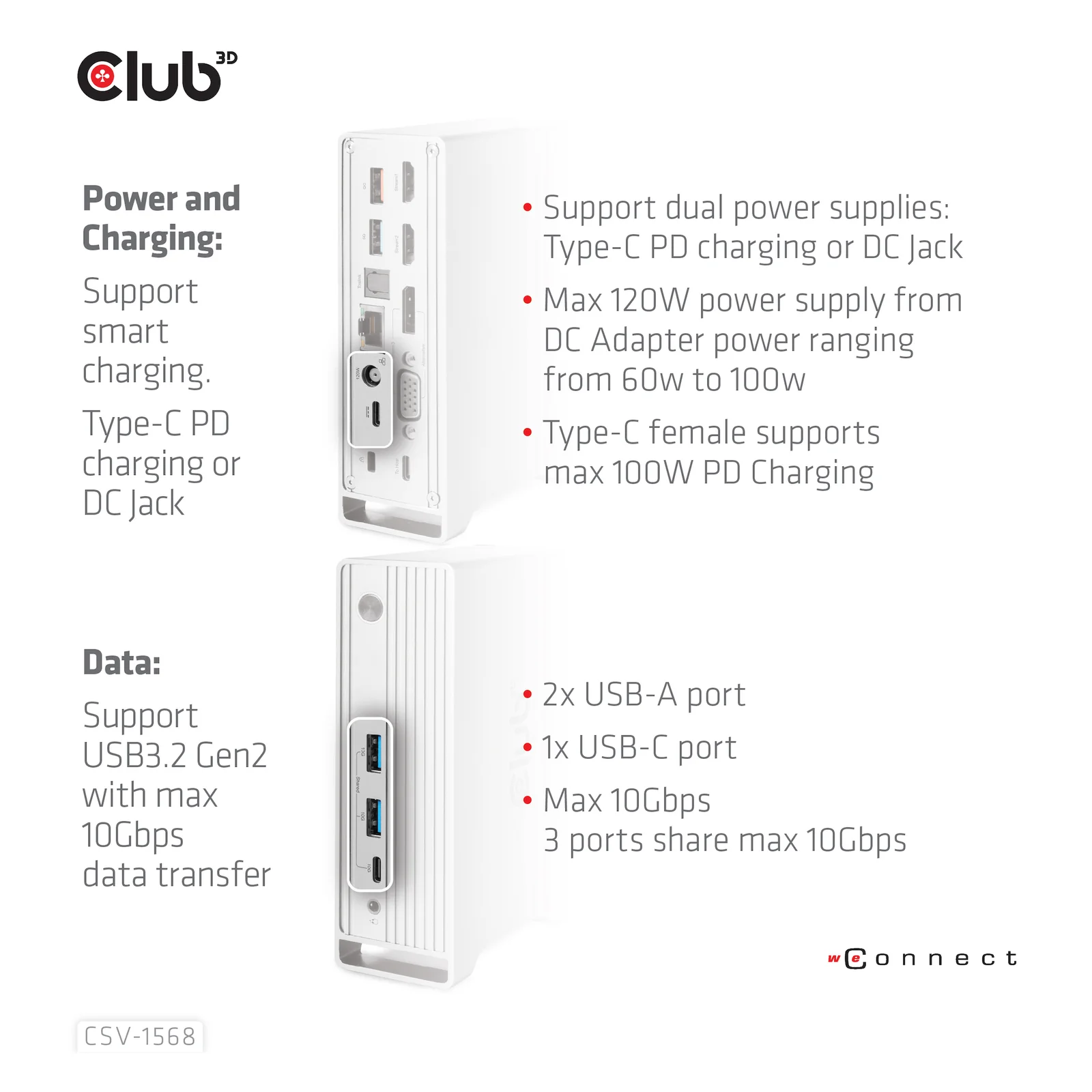 CLUB3D CSV-1568 station d'accueil USB 3.2 Gen 2 (3.1 Gen 2) Type-C Métallique