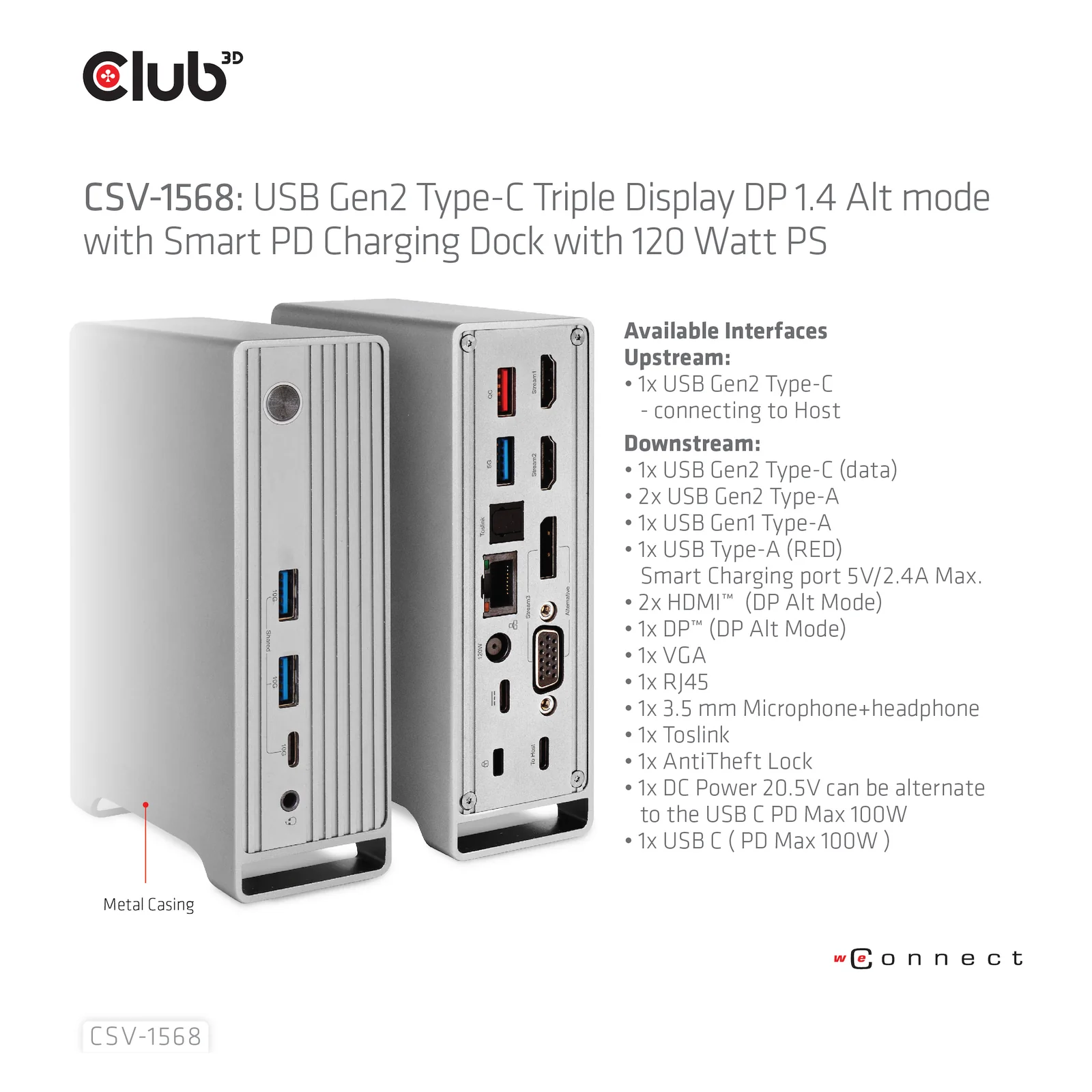 CLUB3D CSV-1568 station d'accueil USB 3.2 Gen 2 (3.1 Gen 2) Type-C Métallique