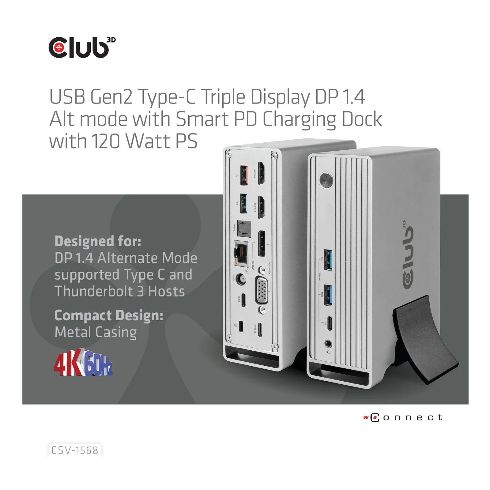 CLUB3D CSV-1568 station d'accueil USB 3.2 Gen 2 (3.1 Gen 2) Type-C Métallique