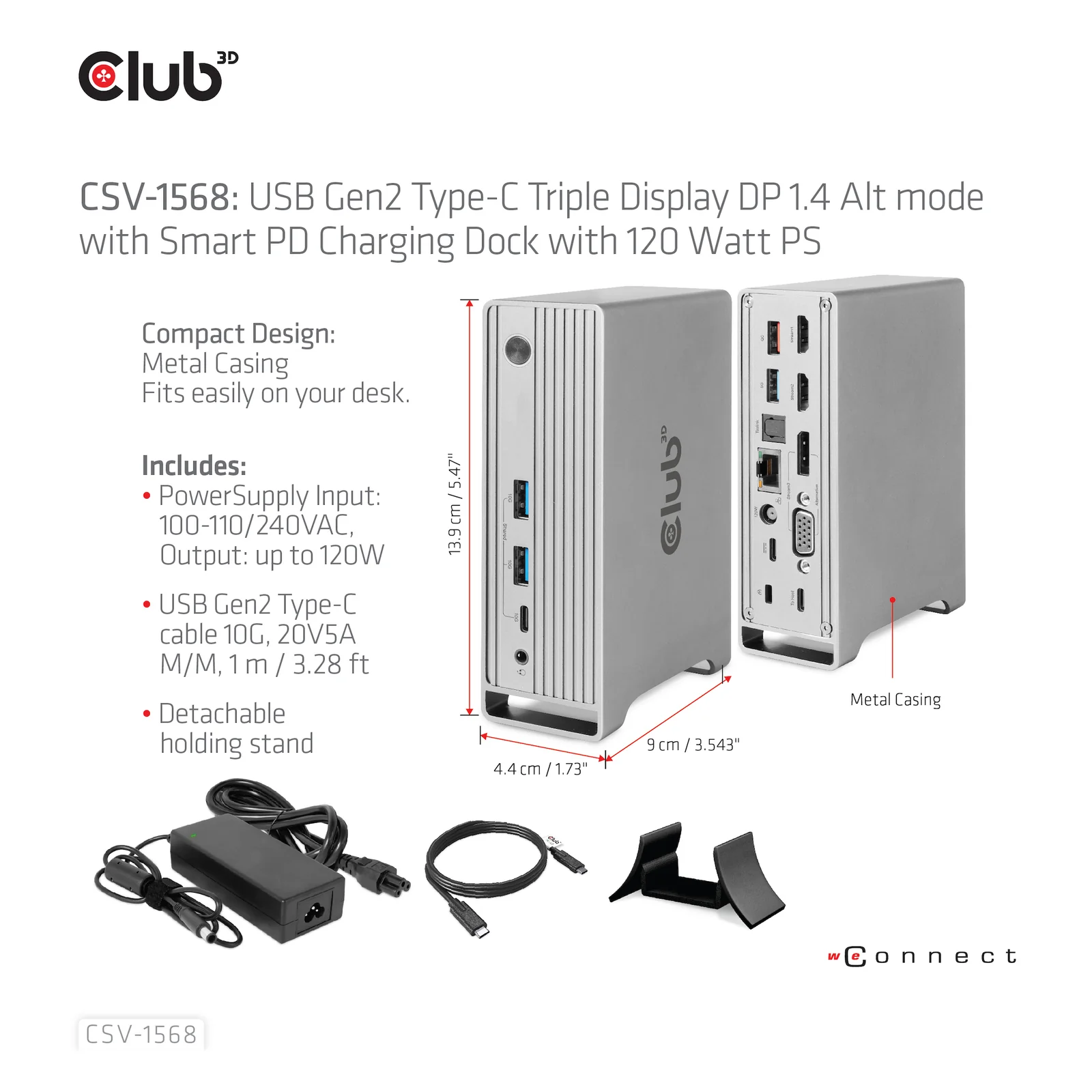 CLUB3D CSV-1568 station d'accueil USB 3.2 Gen 2 (3.1 Gen 2) Type-C Métallique