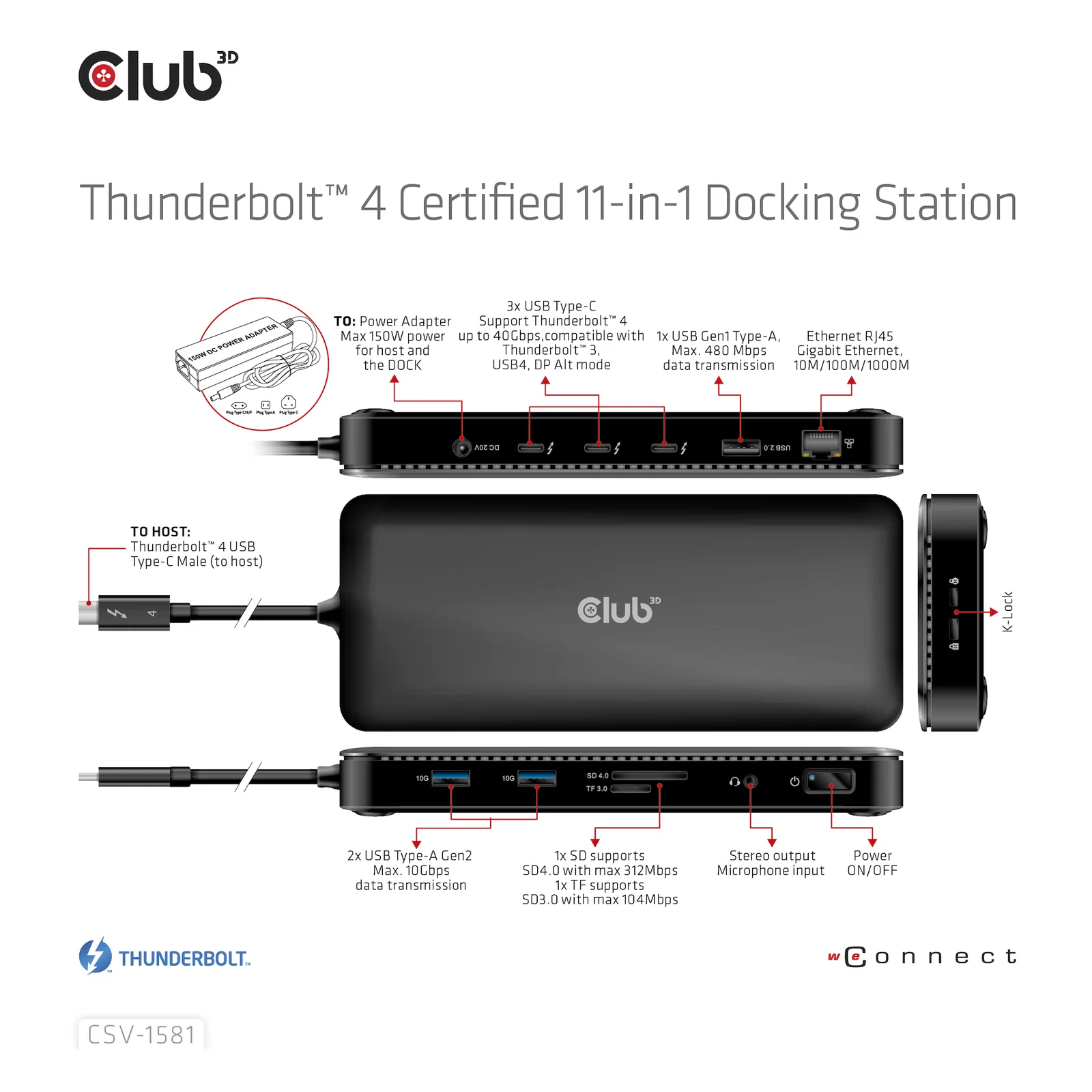 CLUB3D CSV-1581 station d'accueil Thunderbolt 4 Noir