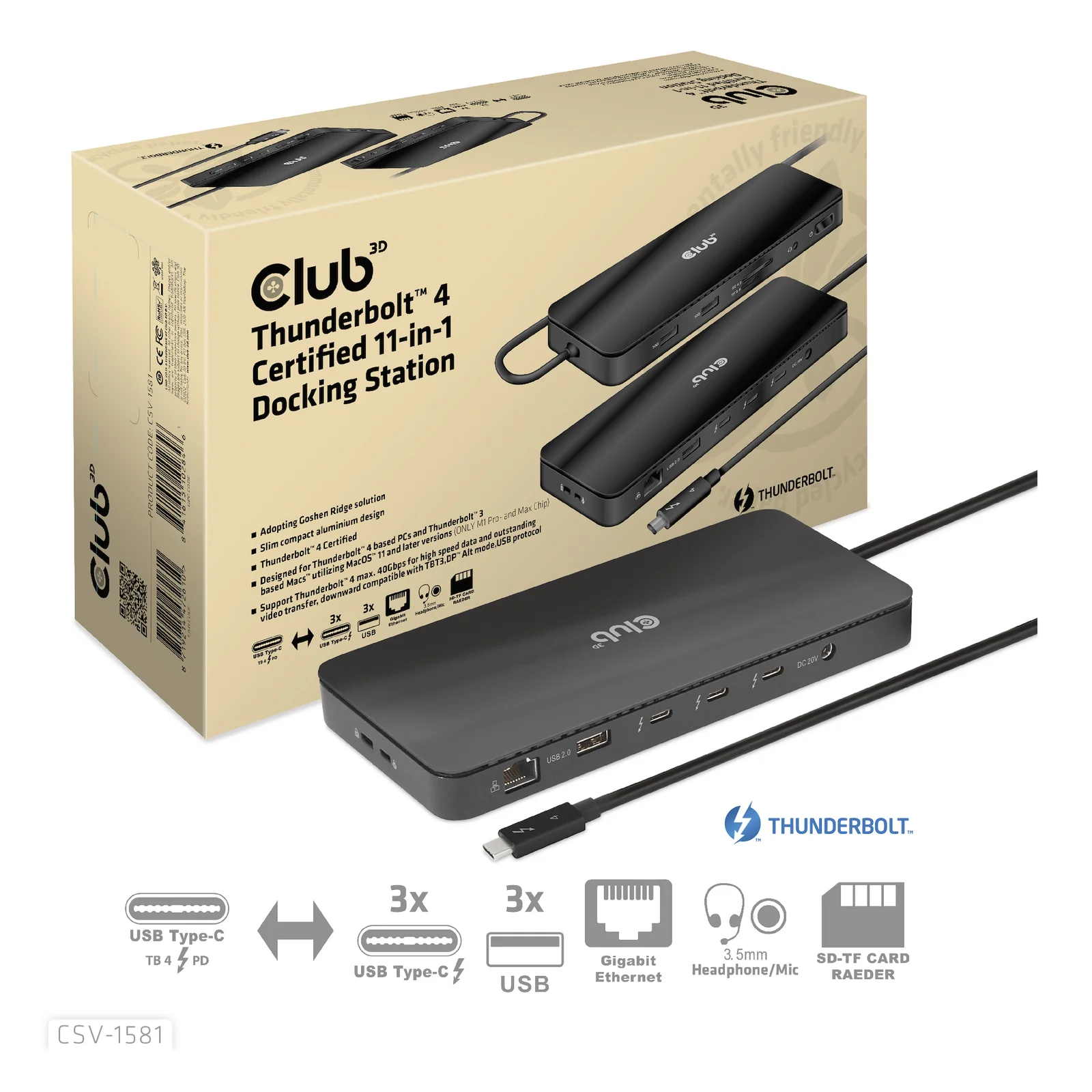 CLUB3D CSV-1581 station d'accueil Thunderbolt 4 Noir