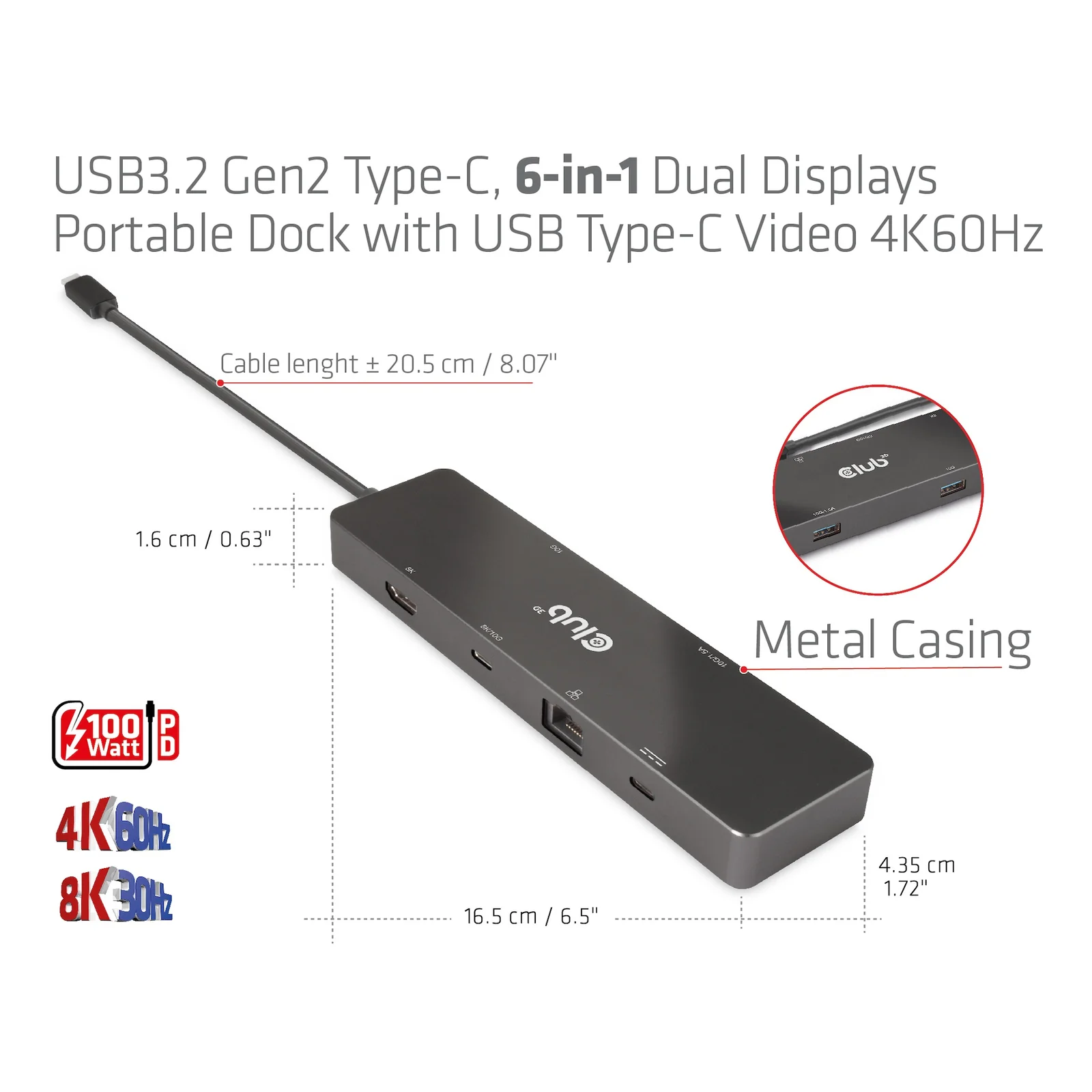 CLUB3D CSV-1584 station d'accueil Avec fil USB 3.2 Gen 2 (3.1 Gen 2) Type-C Noir