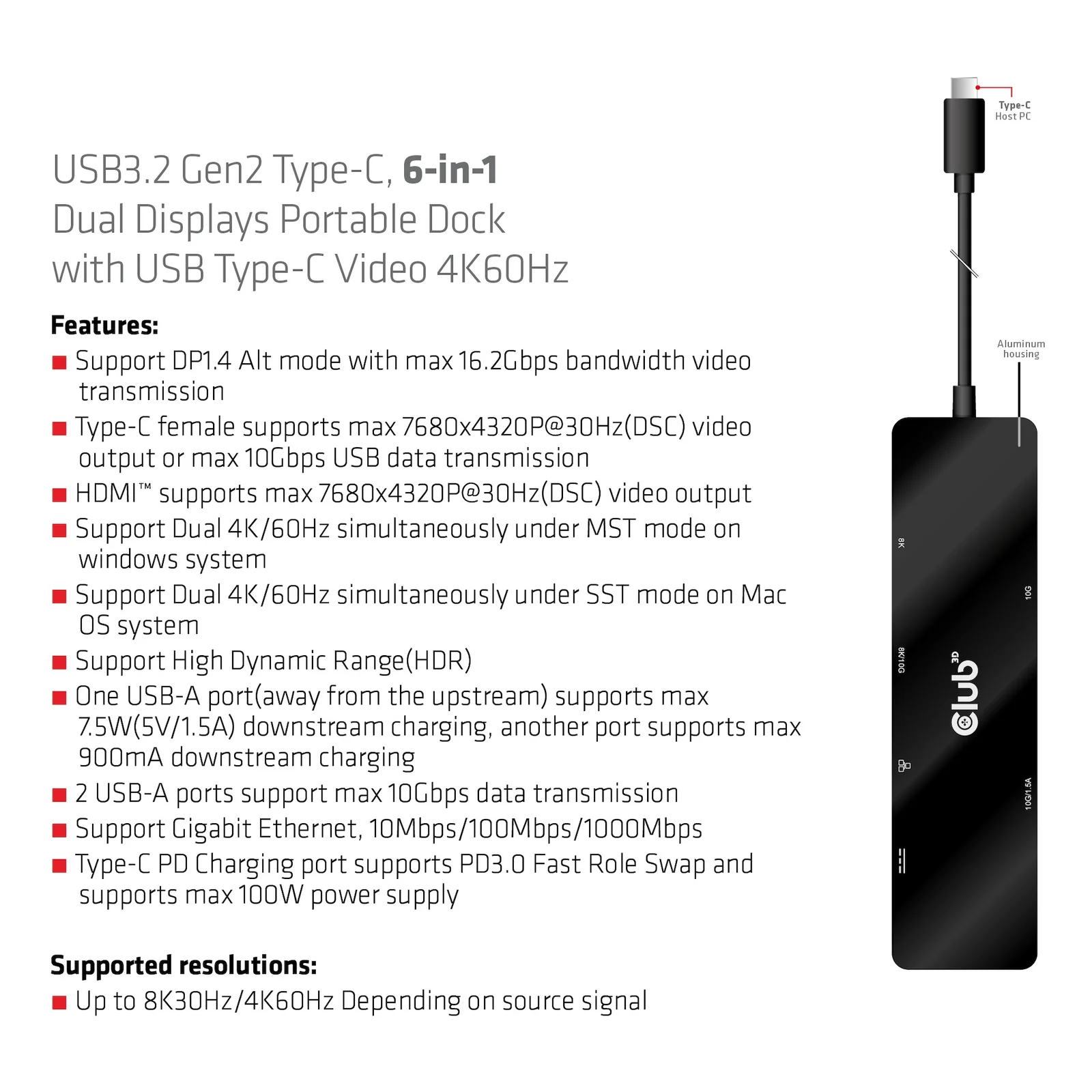 CLUB3D CSV-1584 station d'accueil Avec fil USB 3.2 Gen 2 (3.1 Gen 2) Type-C Noir