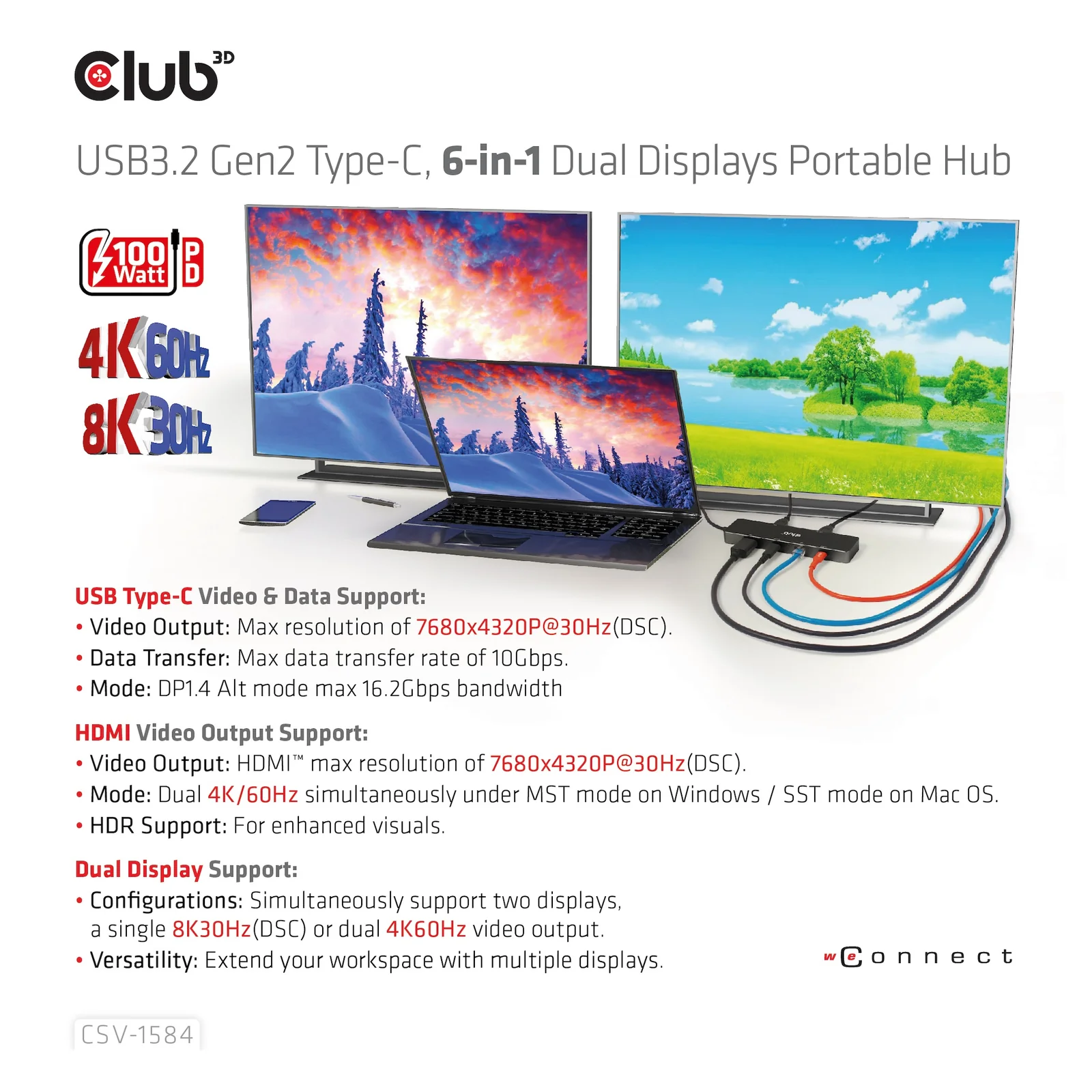 CLUB3D CSV-1584 station d'accueil Avec fil USB 3.2 Gen 2 (3.1 Gen 2) Type-C Noir