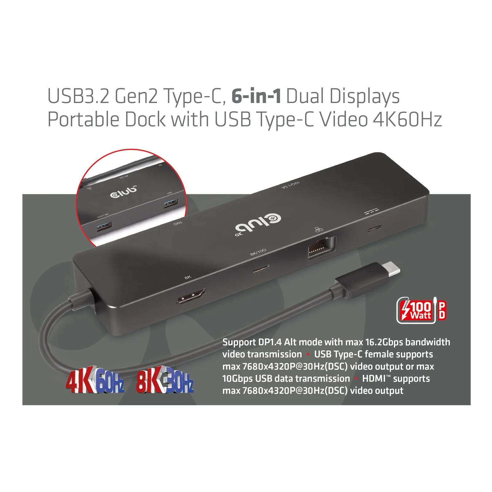 CLUB3D CSV-1584 station d'accueil Avec fil USB 3.2 Gen 2 (3.1 Gen 2) Type-C Noir
