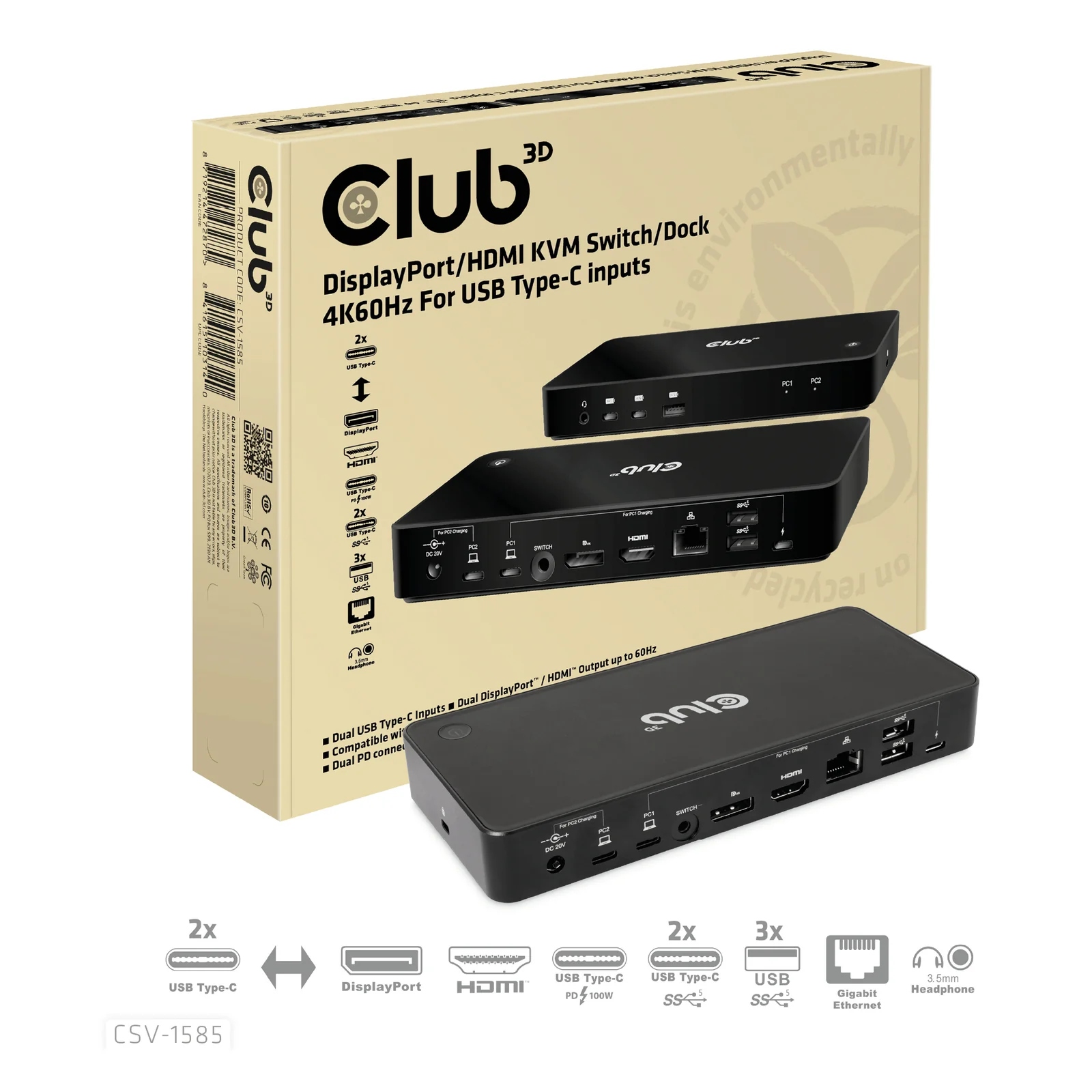 CLUB3D CSV-1585 commutateur écran, clavier et souris Noir