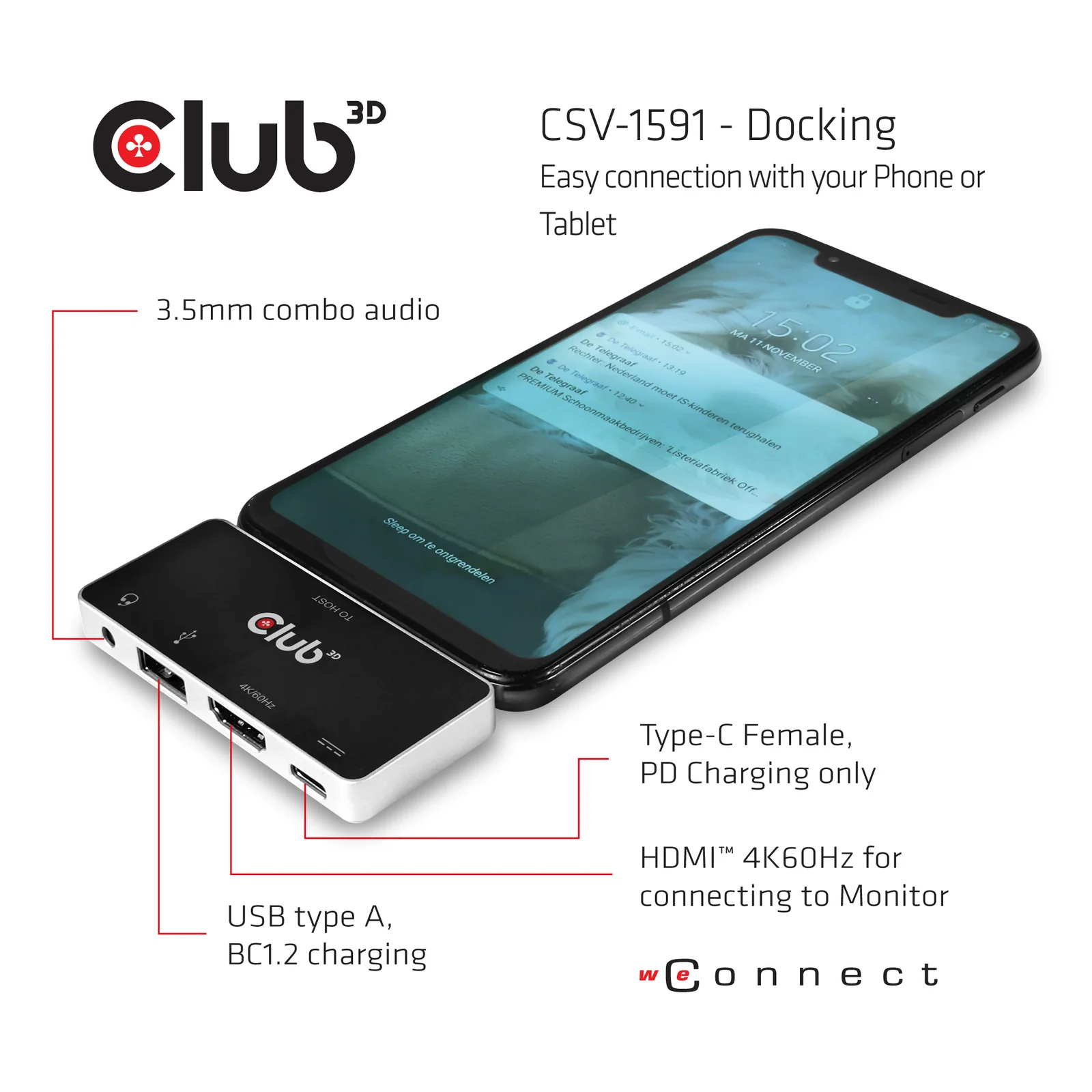 CLUB3D CSV-1591 station d'accueil USB 3.2 Gen 1 (3.1 Gen 1) Type-C Noir, Chrome