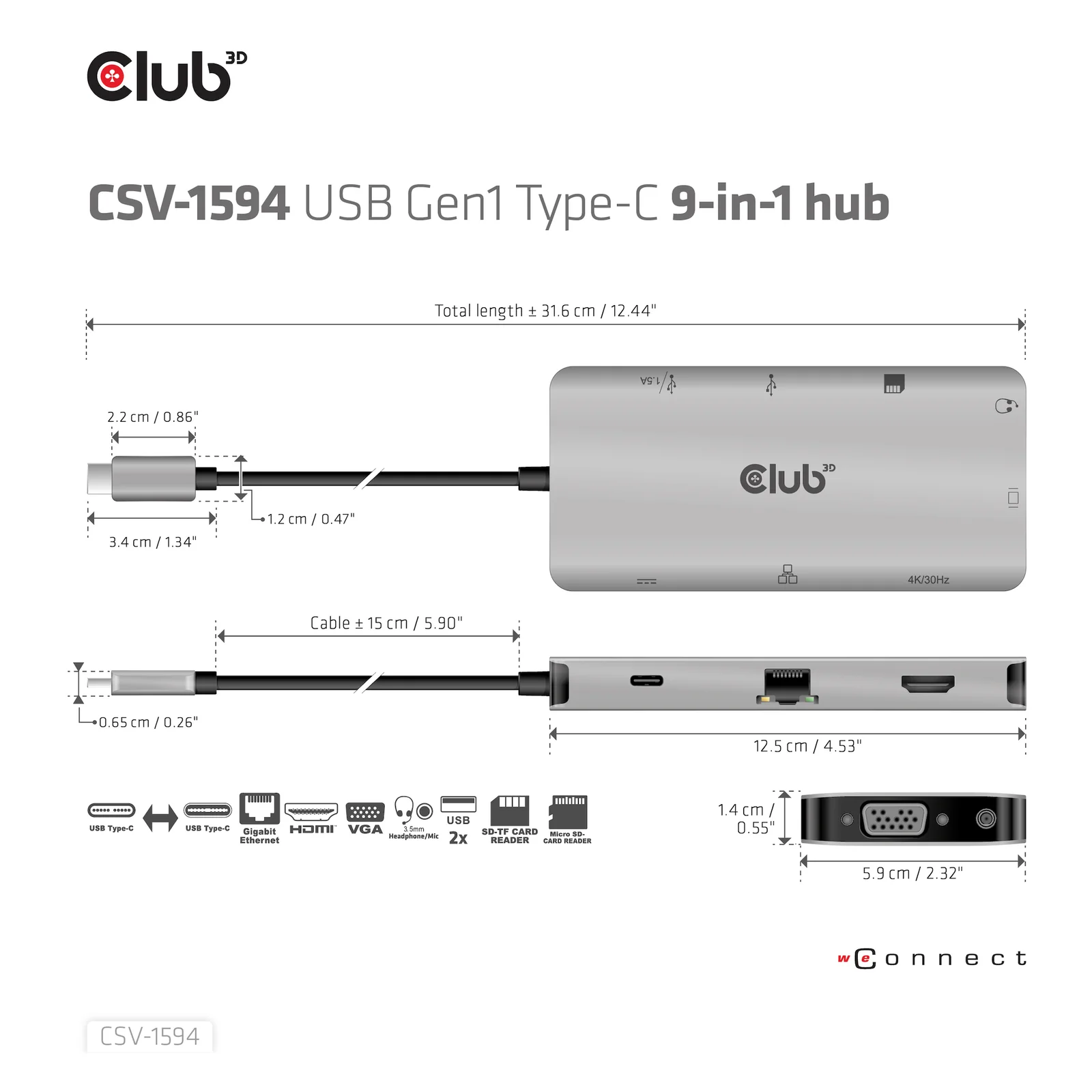 CLUB3D CSV-1594 station d'accueil USB 3.2 Gen 1 (3.1 Gen 1) Type-C Noir, Gris