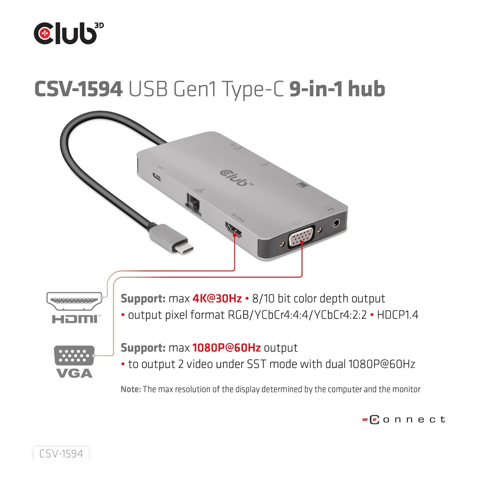 CLUB3D CSV-1594 station d'accueil USB 3.2 Gen 1 (3.1 Gen 1) Type-C Noir, Gris