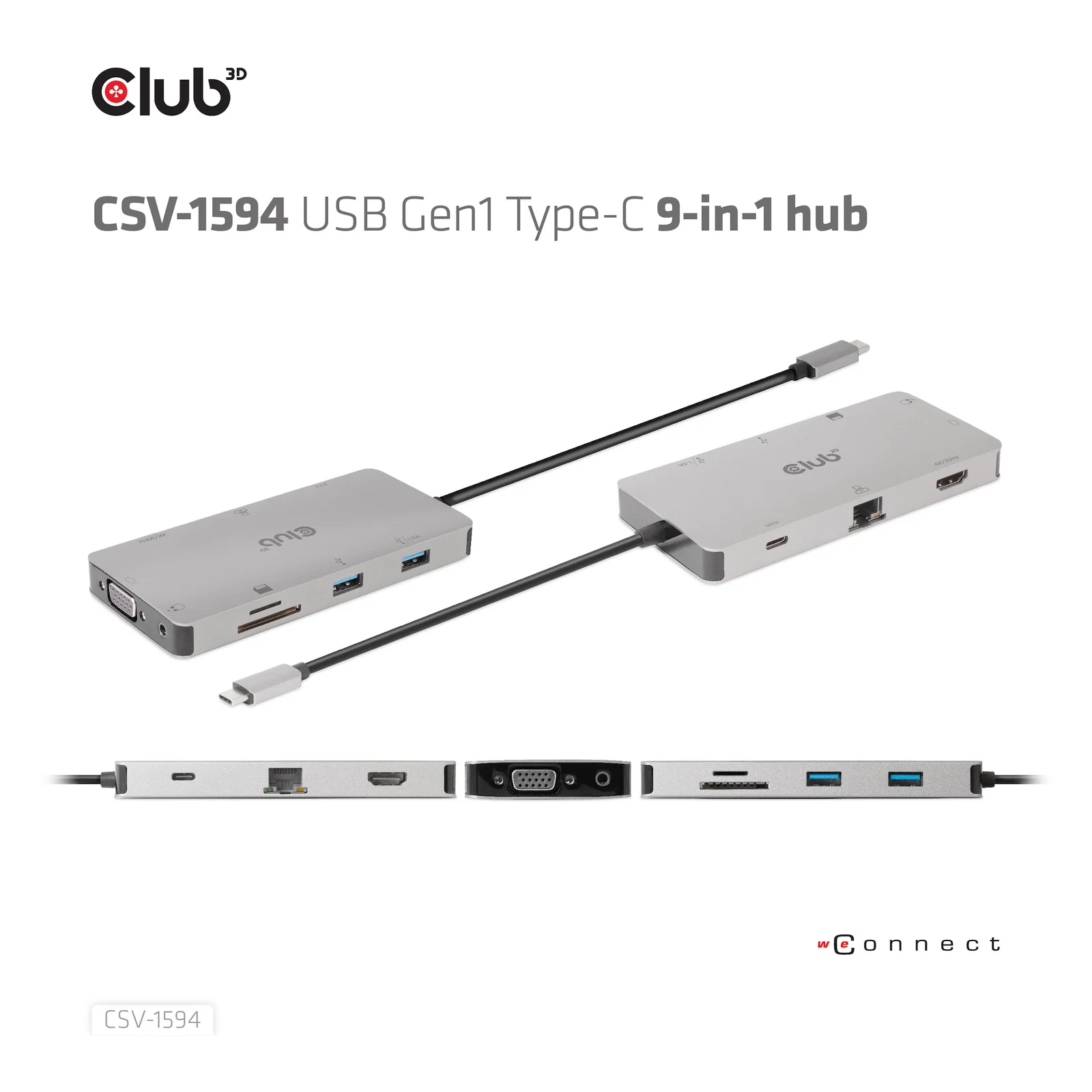 CLUB3D CSV-1594 station d'accueil USB 3.2 Gen 1 (3.1 Gen 1) Type-C Noir, Gris