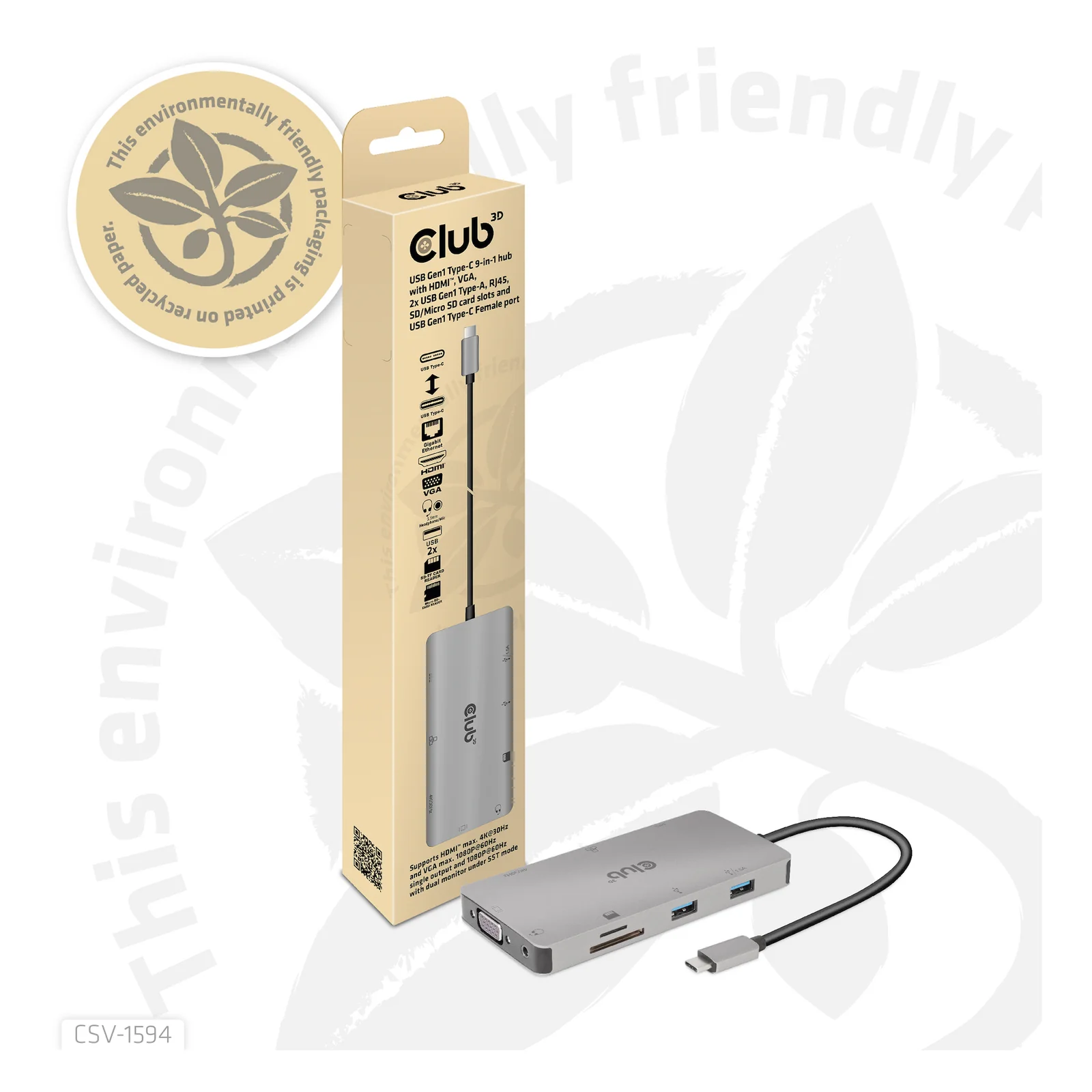 CLUB3D CSV-1594 station d'accueil USB 3.2 Gen 1 (3.1 Gen 1) Type-C Noir, Gris