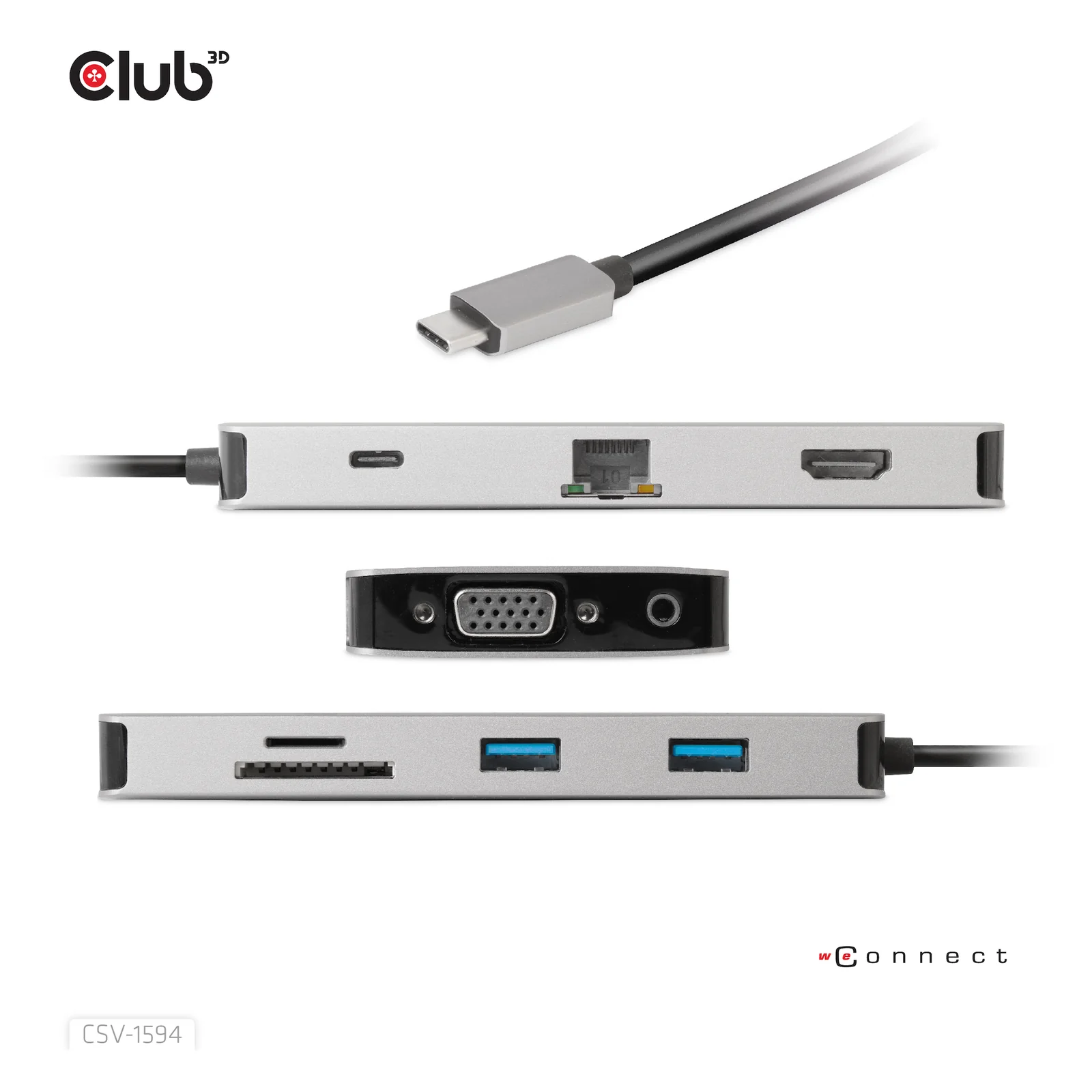 CLUB3D CSV-1594 station d'accueil USB 3.2 Gen 1 (3.1 Gen 1) Type-C Noir, Gris
