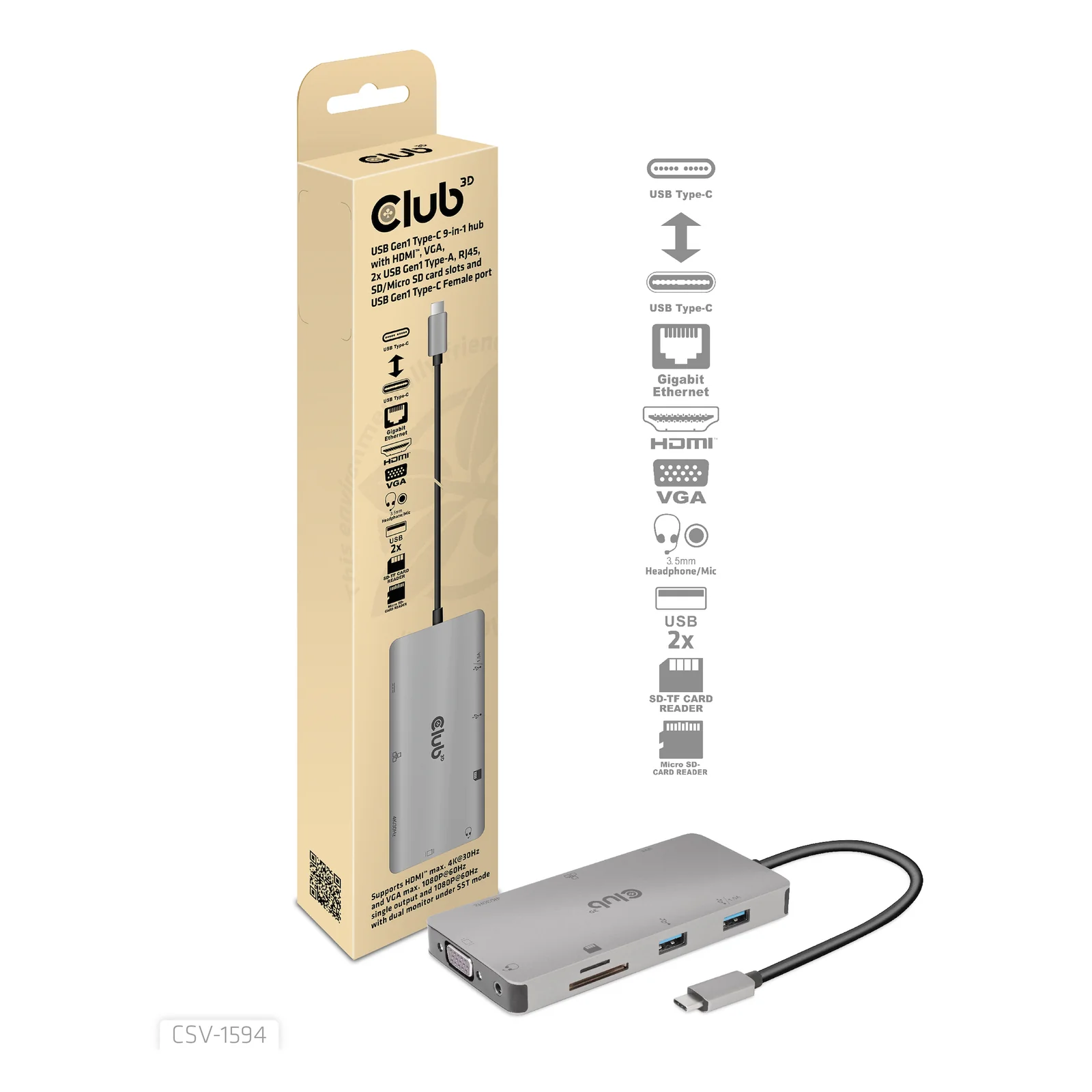 CLUB3D CSV-1594 station d'accueil USB 3.2 Gen 1 (3.1 Gen 1) Type-C Noir, Gris