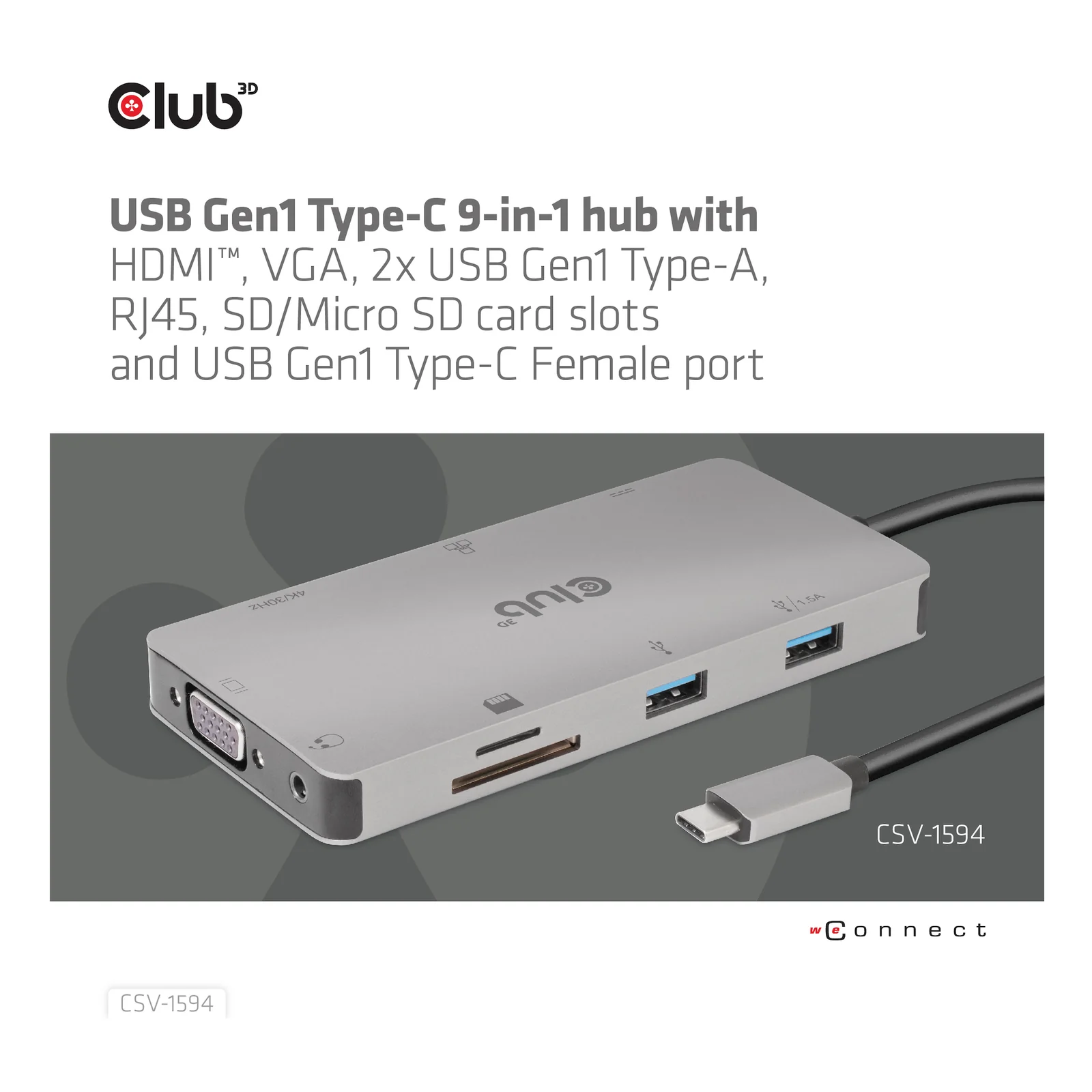 CLUB3D CSV-1594 station d'accueil USB 3.2 Gen 1 (3.1 Gen 1) Type-C Noir, Gris