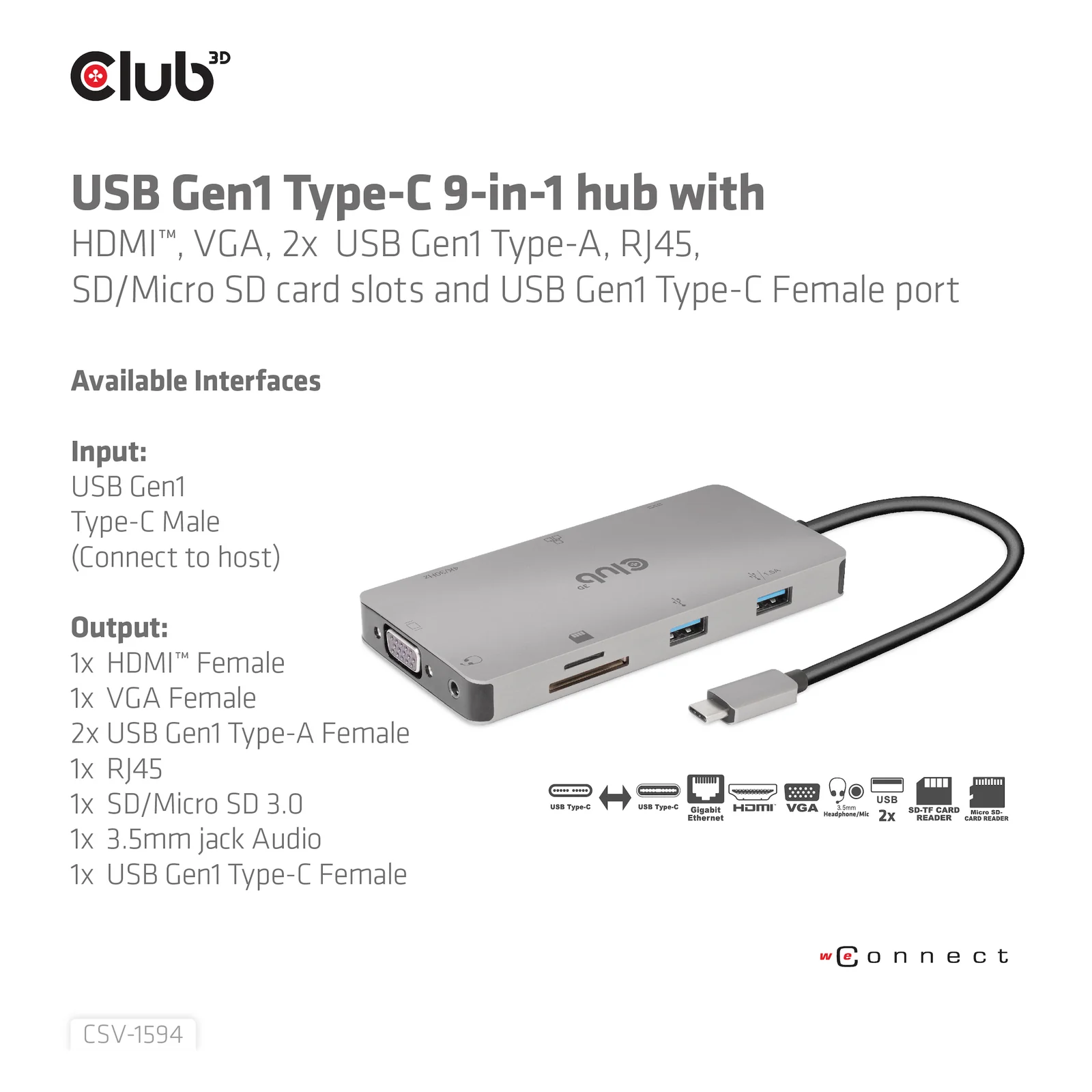 CLUB3D CSV-1594 station d'accueil USB 3.2 Gen 1 (3.1 Gen 1) Type-C Noir, Gris