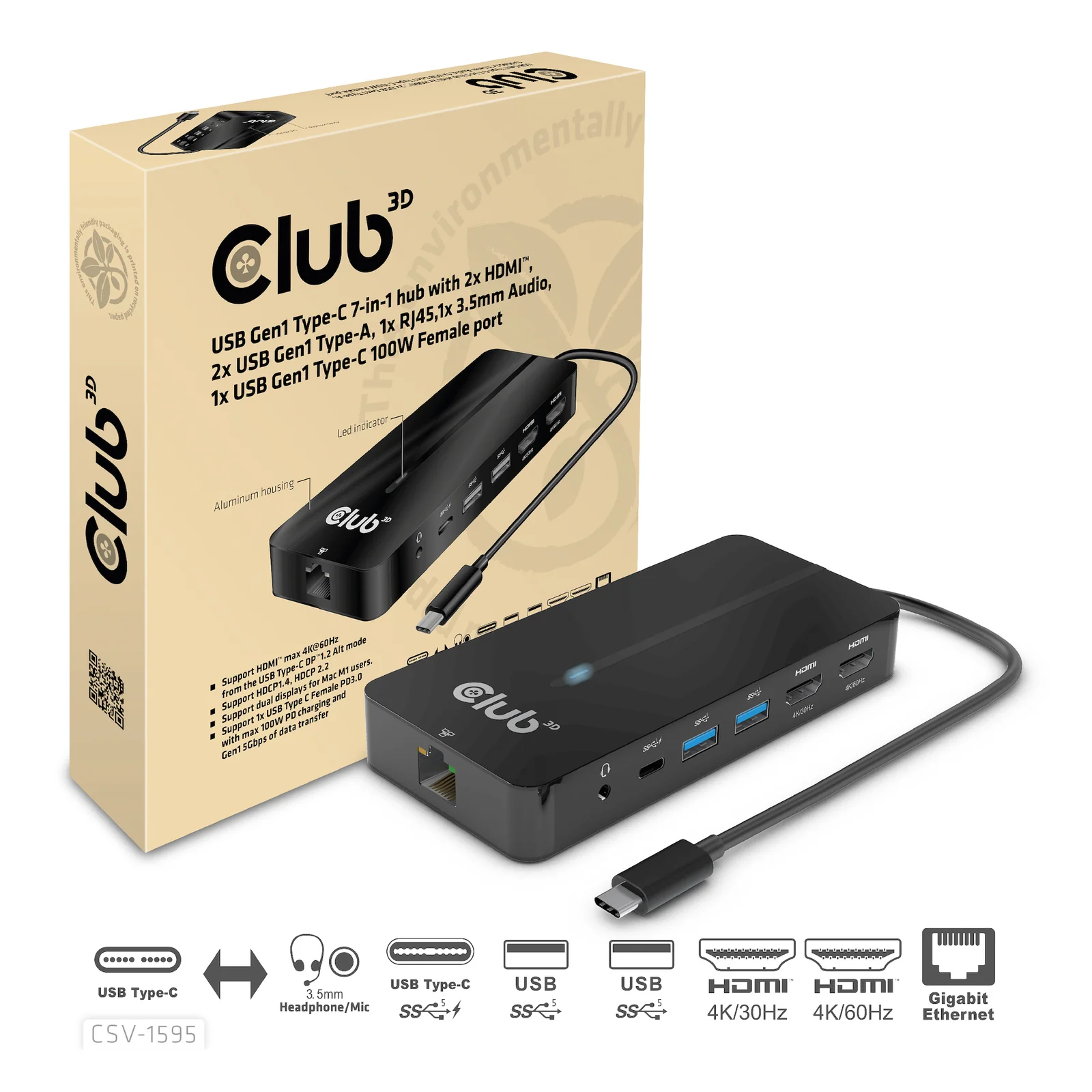 CLUB3D CSV-1595 station d'accueil USB 3.2 Gen 1 (3.1 Gen 1) Type-C Noir