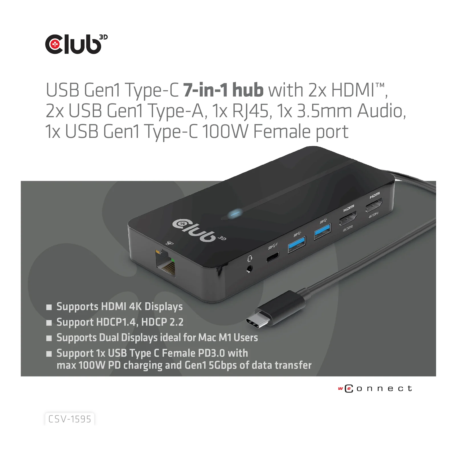 CLUB3D CSV-1595 station d'accueil USB 3.2 Gen 1 (3.1 Gen 1) Type-C Noir