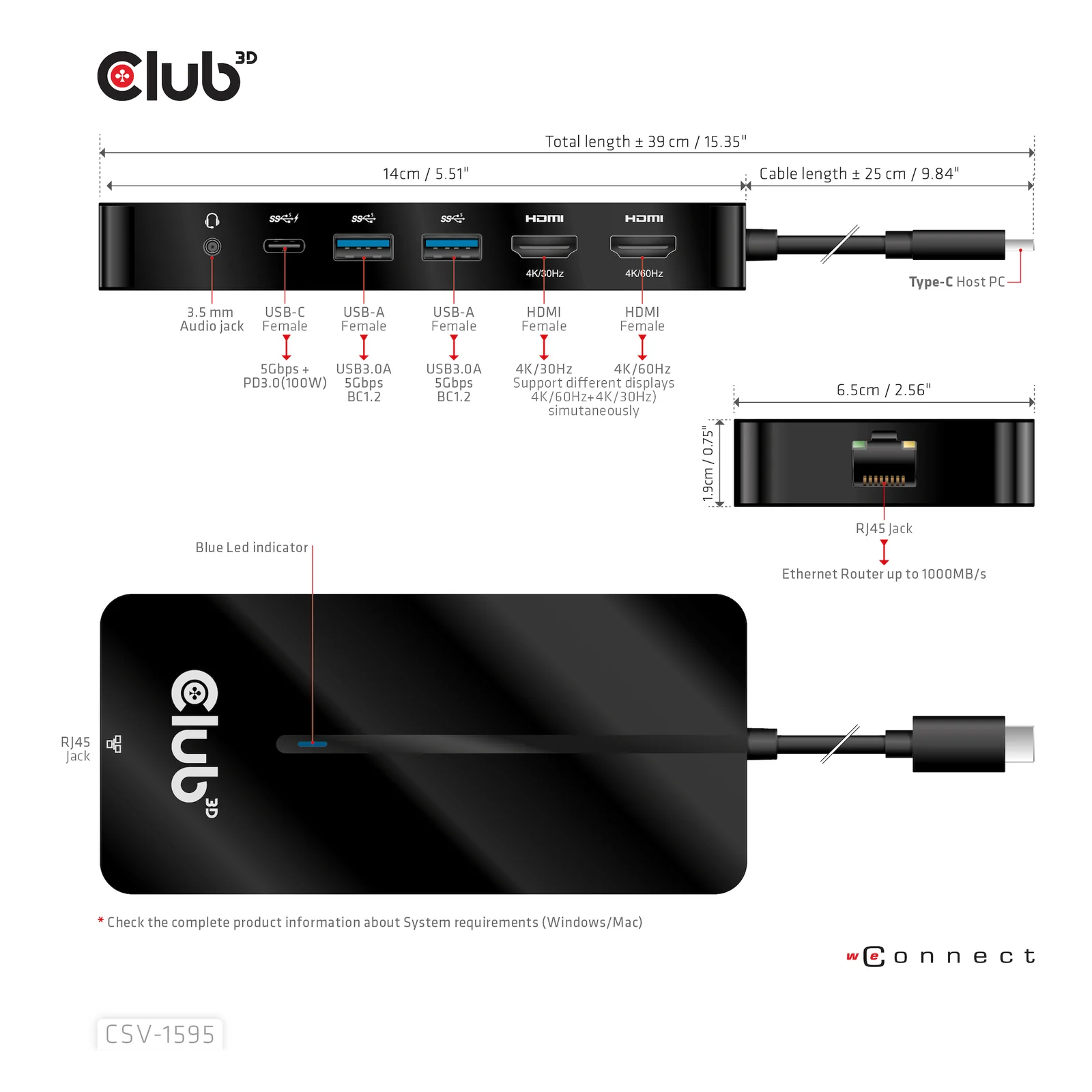 CLUB3D CSV-1595 station d'accueil USB 3.2 Gen 1 (3.1 Gen 1) Type-C Noir