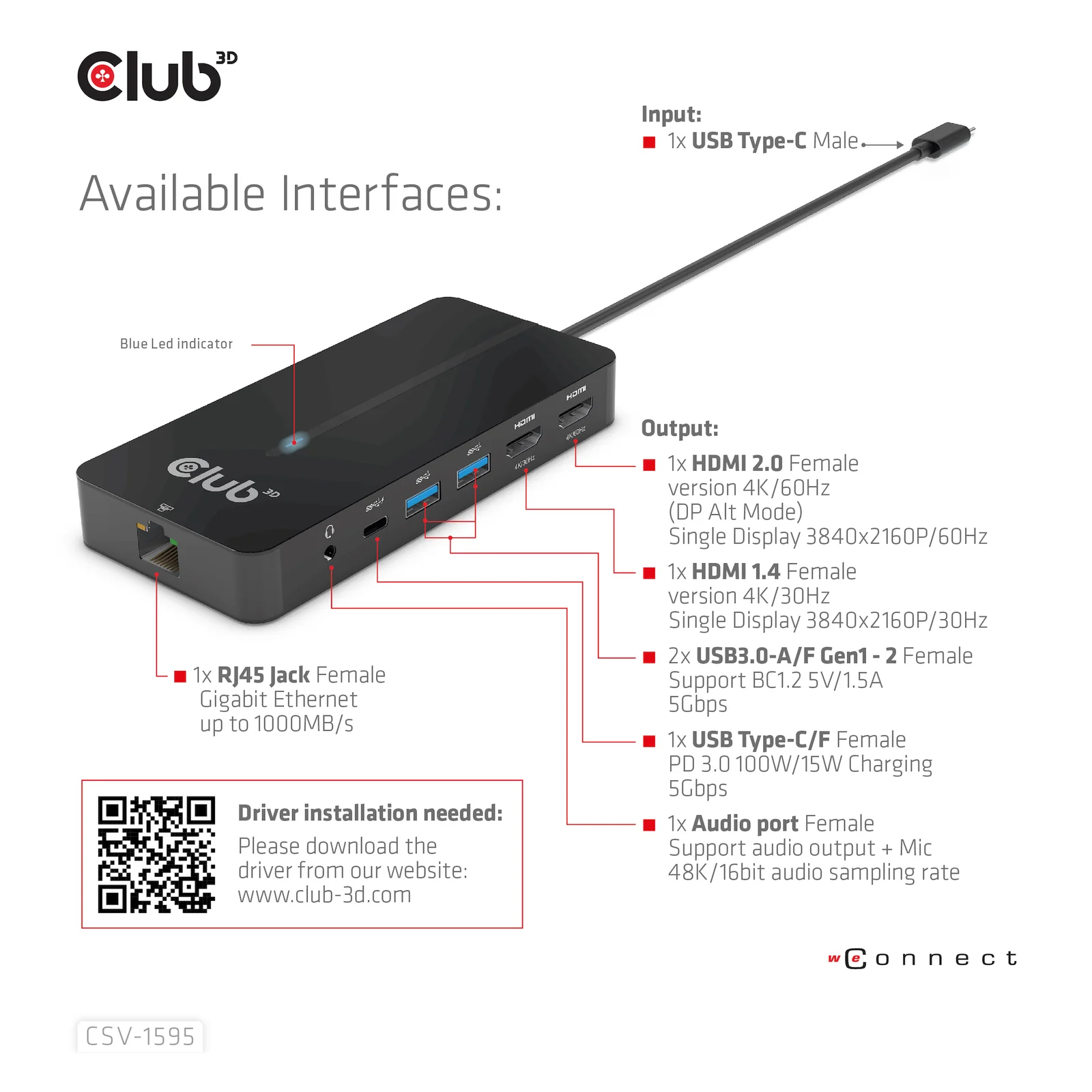 CLUB3D CSV-1595 station d'accueil USB 3.2 Gen 1 (3.1 Gen 1) Type-C Noir