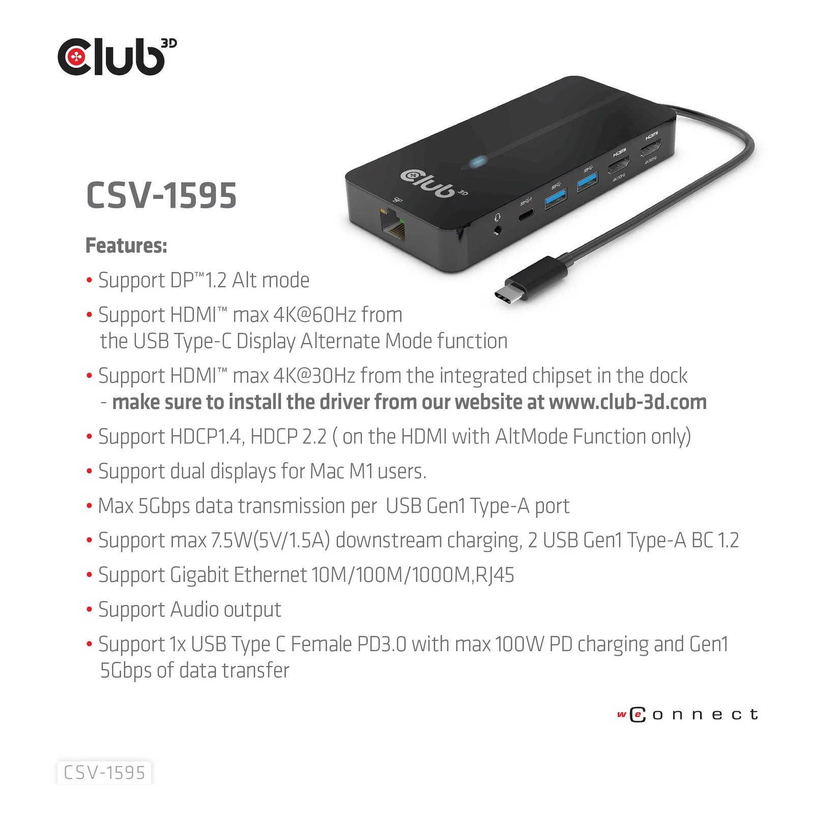CLUB3D CSV-1595 station d'accueil USB 3.2 Gen 1 (3.1 Gen 1) Type-C Noir