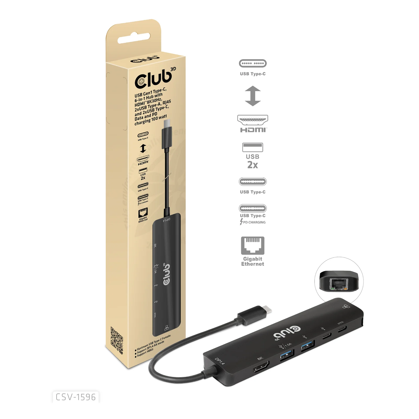 CLUB3D CSV-1596 station d'accueil USB 3.2 Gen 1 (3.1 Gen 1) Type-C Noir