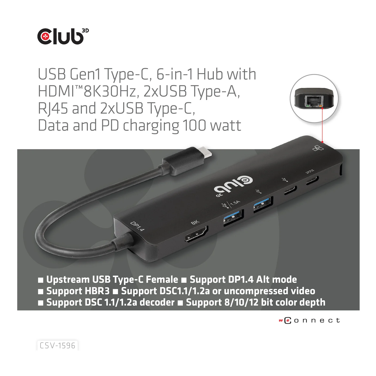 CLUB3D CSV-1596 station d'accueil USB 3.2 Gen 1 (3.1 Gen 1) Type-C Noir