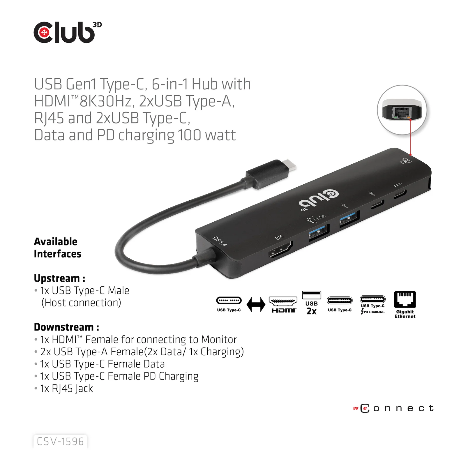 CLUB3D CSV-1596 station d'accueil USB 3.2 Gen 1 (3.1 Gen 1) Type-C Noir