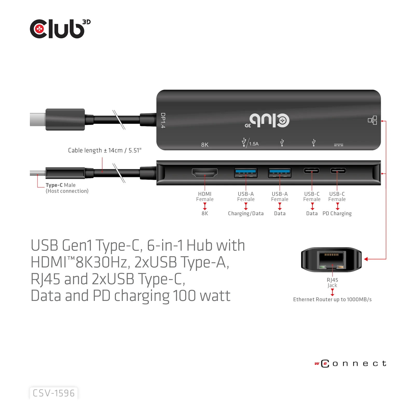 CLUB3D CSV-1596 station d'accueil USB 3.2 Gen 1 (3.1 Gen 1) Type-C Noir