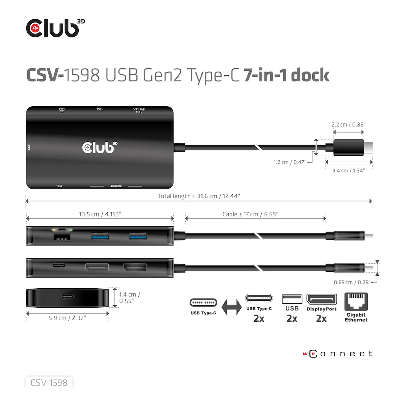 CLUB3D CSV-1598 station d'accueil USB 3.2 Gen 2 (3.1 Gen 2) Type-C Noir