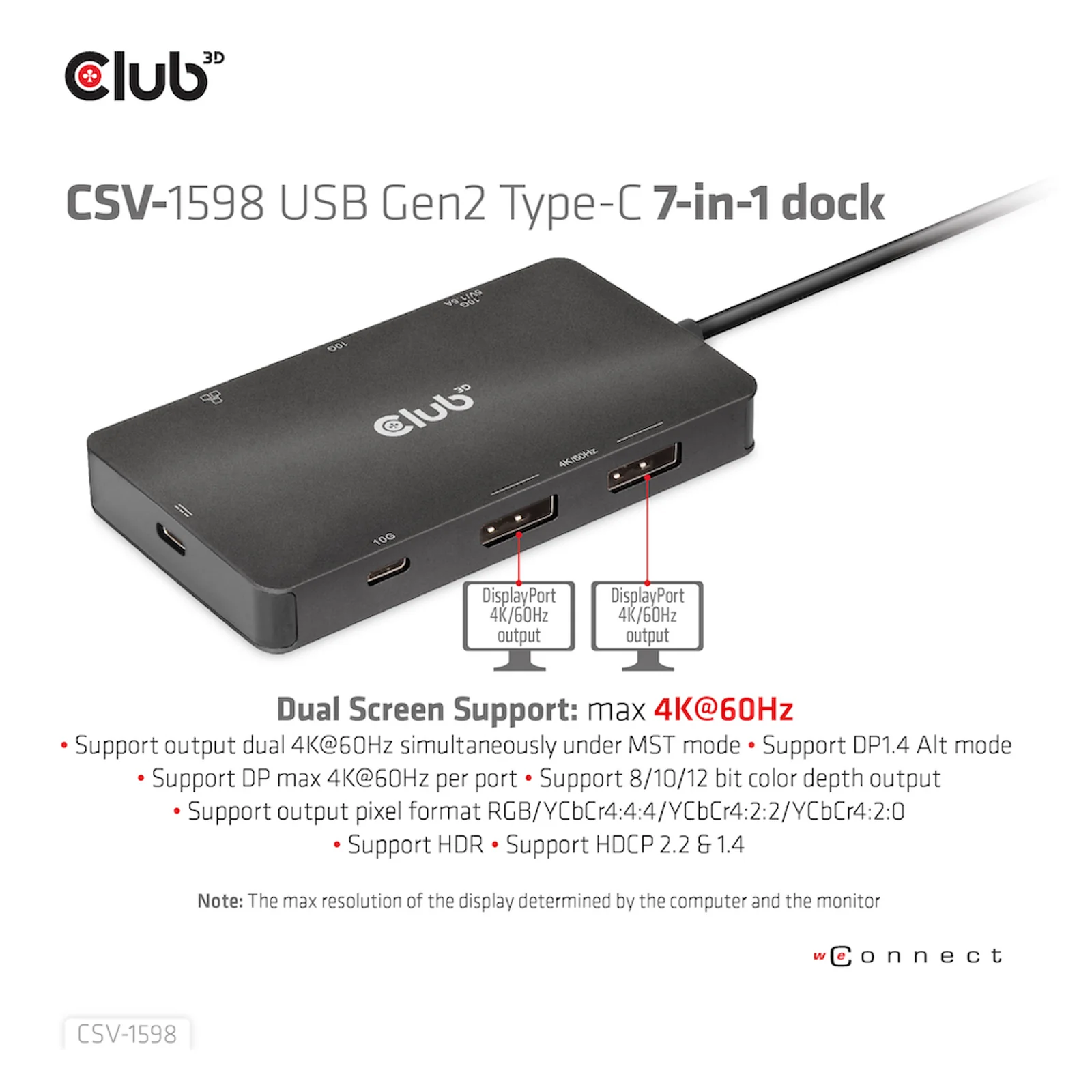CLUB3D CSV-1598 station d'accueil USB 3.2 Gen 2 (3.1 Gen 2) Type-C Noir