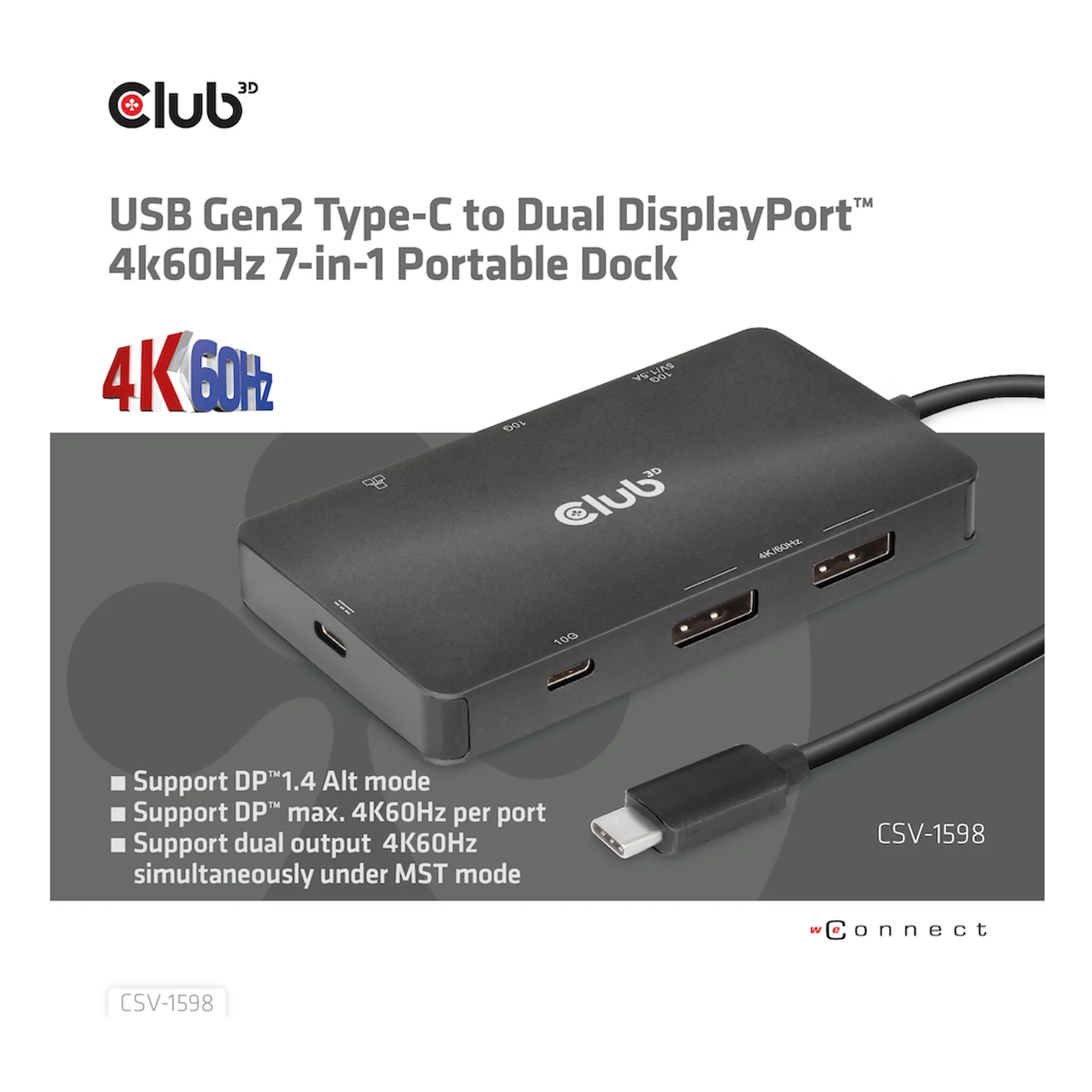 CLUB3D CSV-1598 station d'accueil USB 3.2 Gen 2 (3.1 Gen 2) Type-C Noir