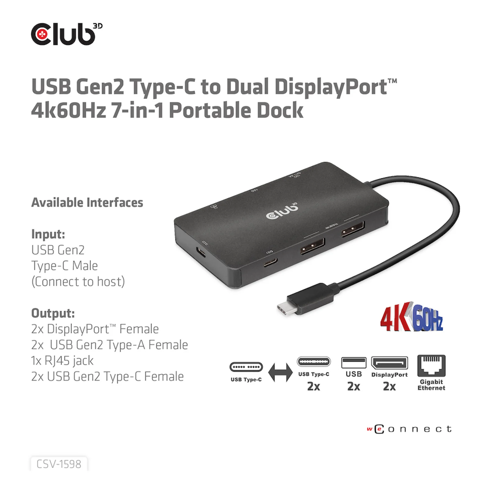 CLUB3D CSV-1598 station d'accueil USB 3.2 Gen 2 (3.1 Gen 2) Type-C Noir