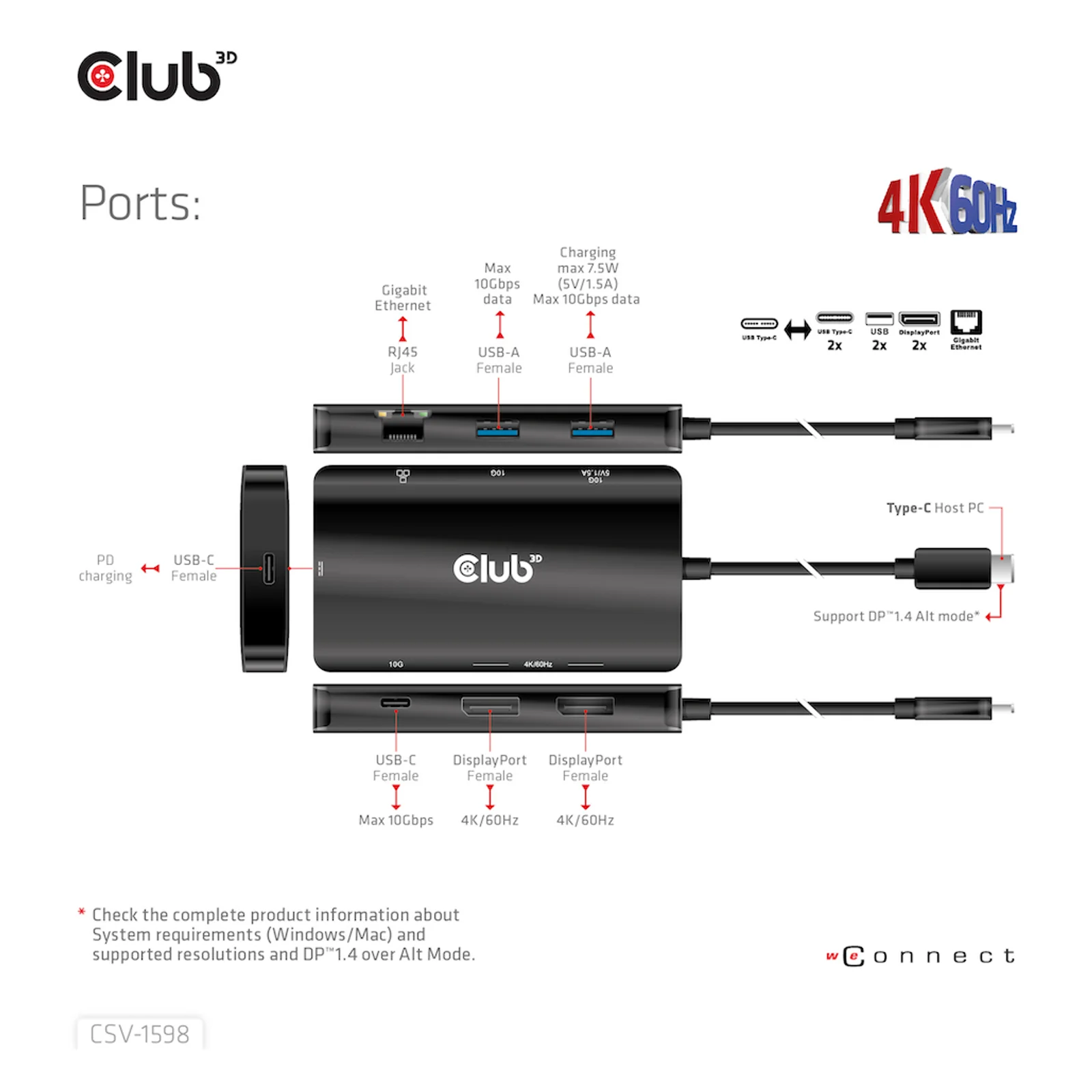 CLUB3D CSV-1598 station d'accueil USB 3.2 Gen 2 (3.1 Gen 2) Type-C Noir