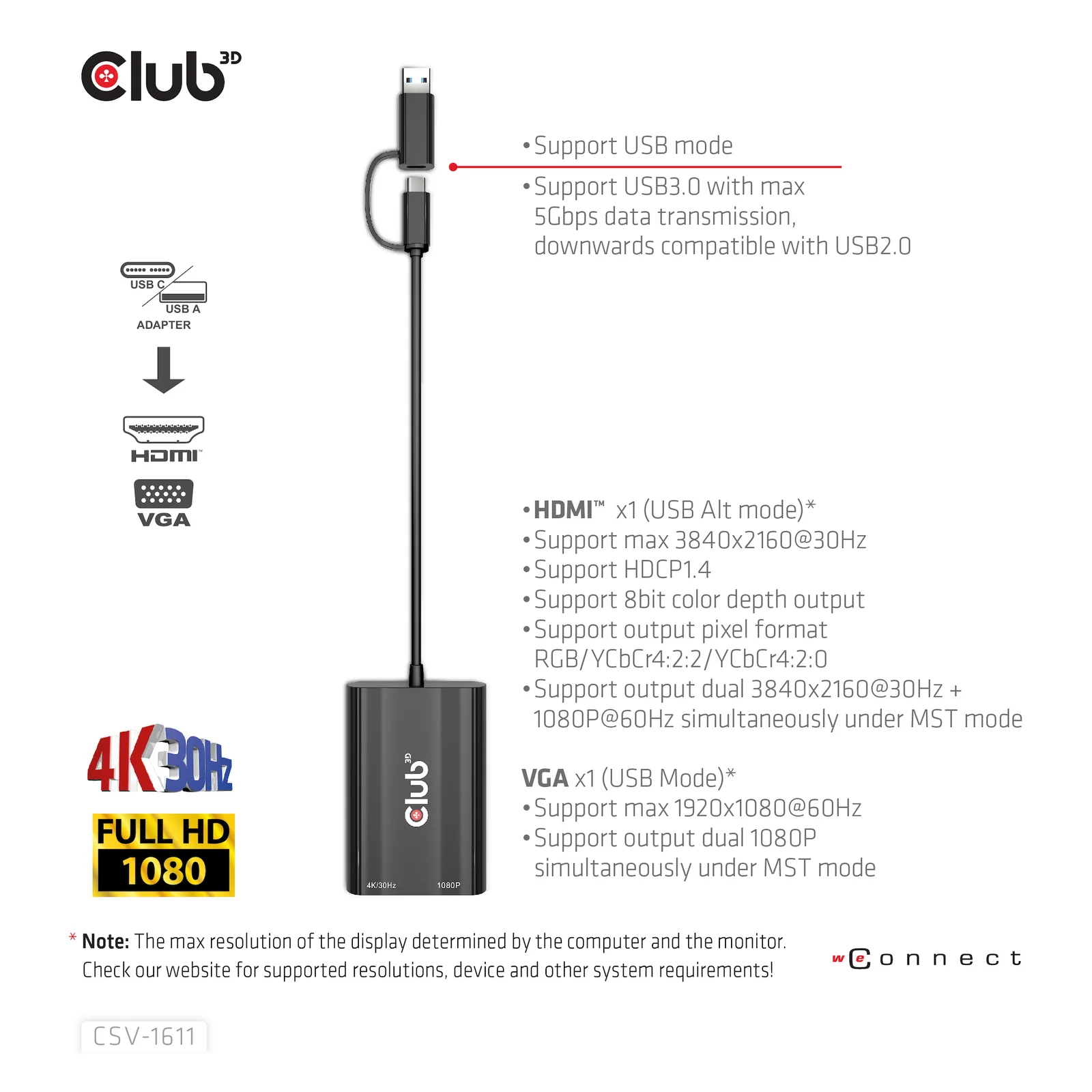 CLUB3D CSV-1611 adaptateur graphique USB 3840 x 2160 pixels Noir